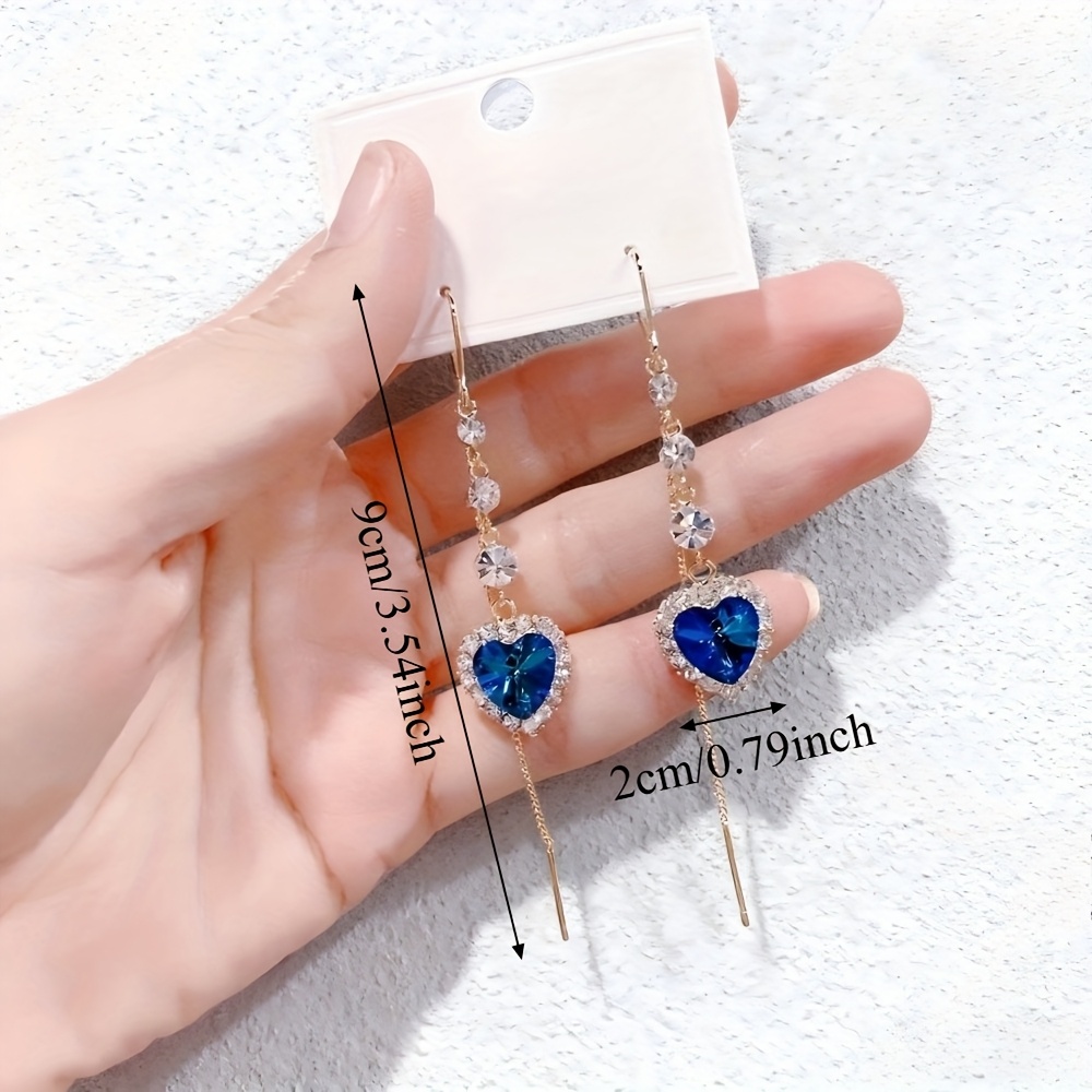 2pcs womens blue heart shaped dangle earrings with cascading tassels multi layered artificial crystal accents star charm royal blue gemstones for   year round wear artificial crystal earrings elegant accessory sparkling tassels heartshaped jewelry embellishments 1