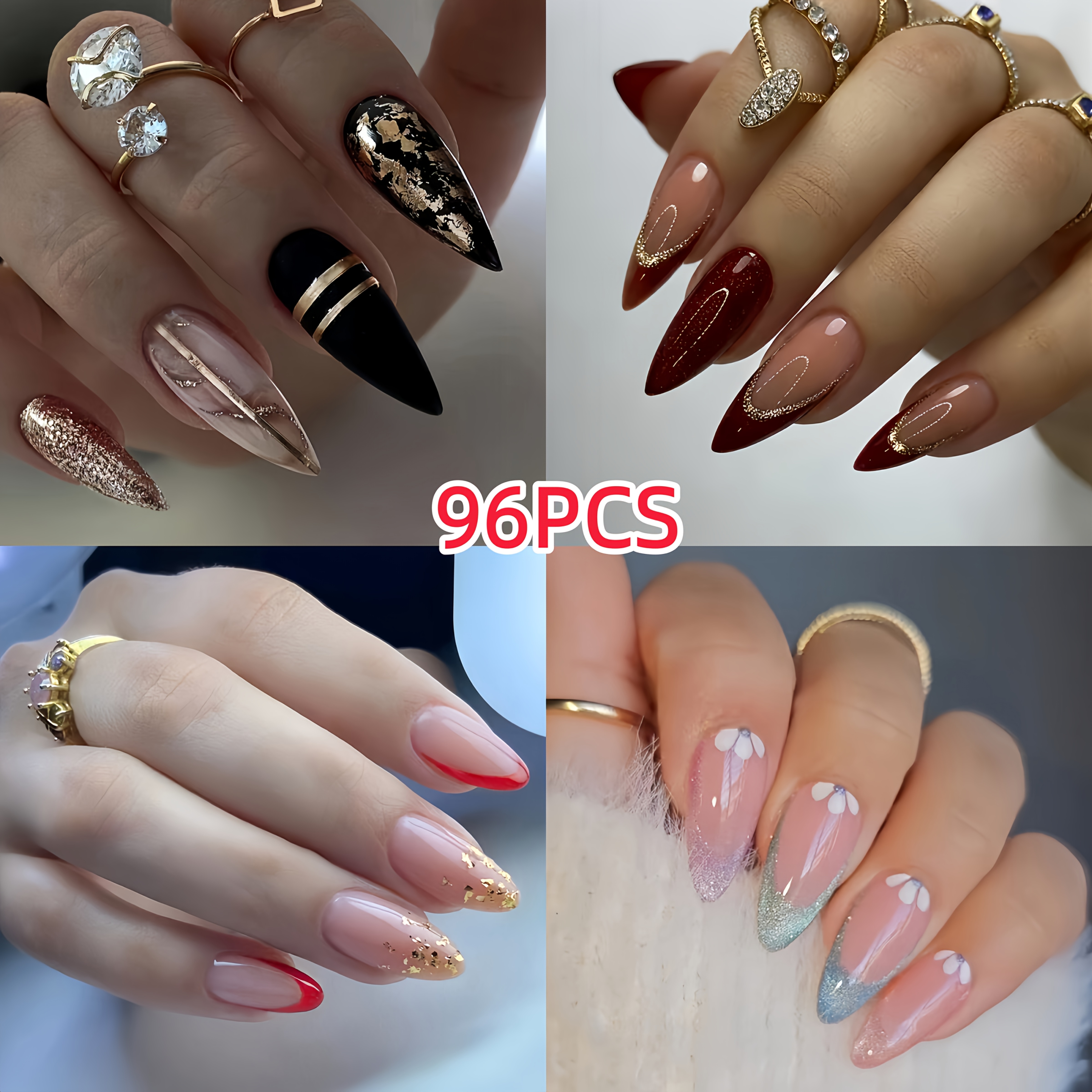 TEMU 96pcs Almond Fake Nails, Various Stylish Nail Designs, High-quality Nails, Suitable For , For Women, For Daily Use, Dates, And Parties