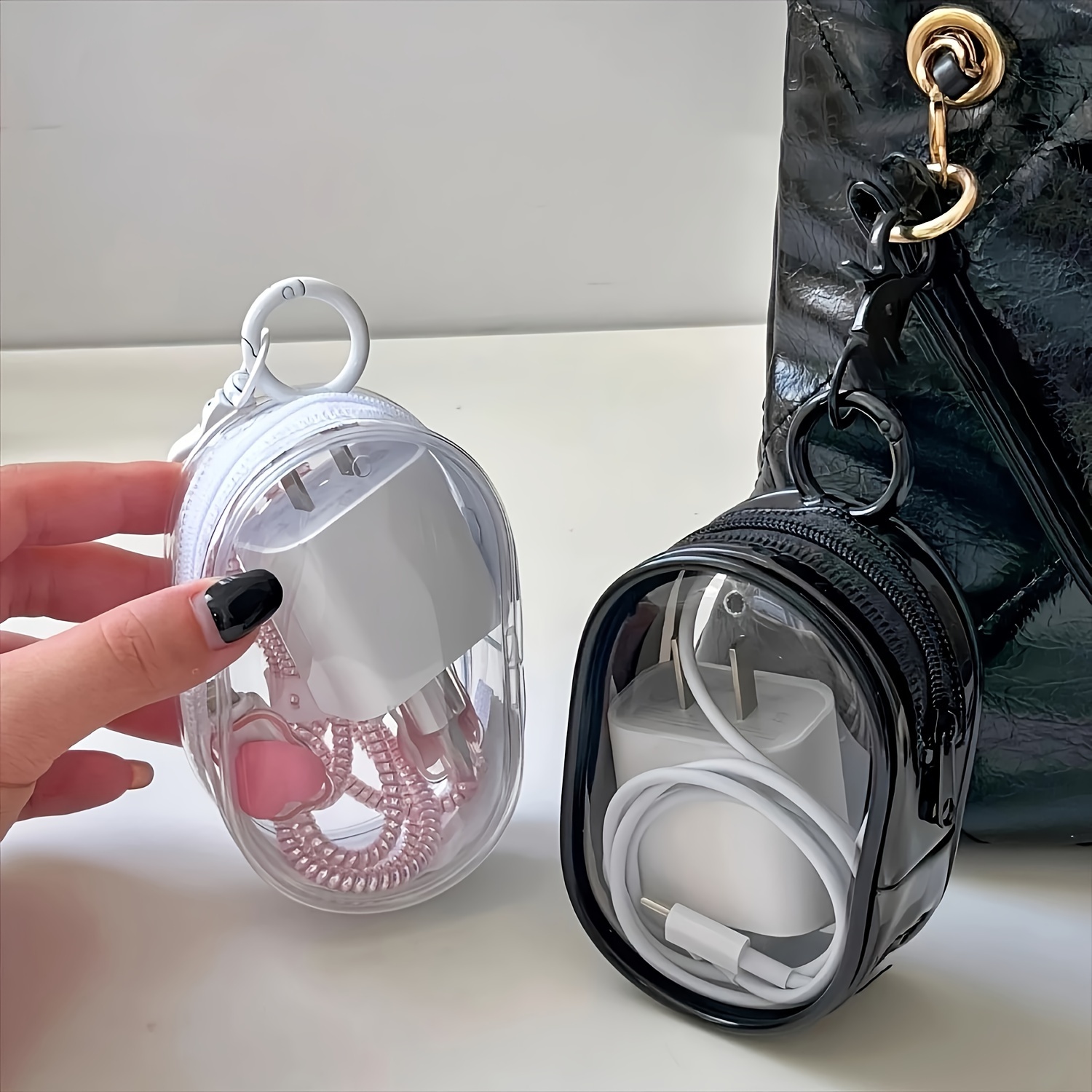 

2pcs Portable Mini Transparent Cable Organizer Box - Store Data Cables, , Headphones, Jewelry, And More - Durable Pvc Material, Compact Keychain Bag For Travel And Outdoor Activities