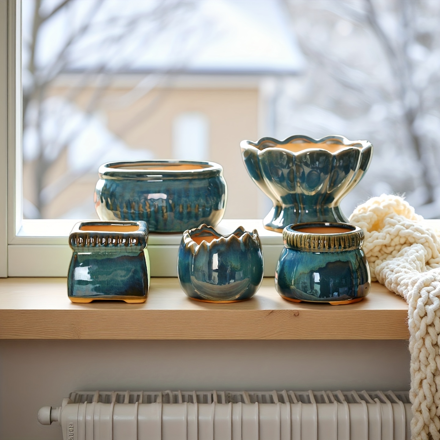 TEMU 5pcs Set Of Snow Green Plant Succulent Bonsai Ceramic Balcony Tray Household Coarse Pottery Succulent Flowerpot Small Root Control Pottery Pot