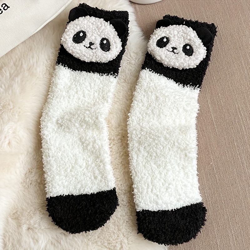 Image of 1 Pair Of Women's Black And White Three-dimensional Cartoon Panda Puppy Coral Fleece Mid-tube Socks Autumn And Winter Fluffy Socks Thickened Warm Plush Floor Socks Worn Indoors