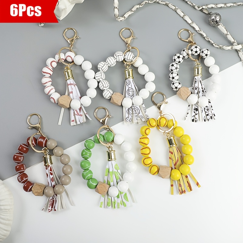 TEMU 6pcs/set Of Sports Style Balls, Wooden Beads With Balls, Printed Tassel Keychains, Baseball And Keychains, Holiday Gifts