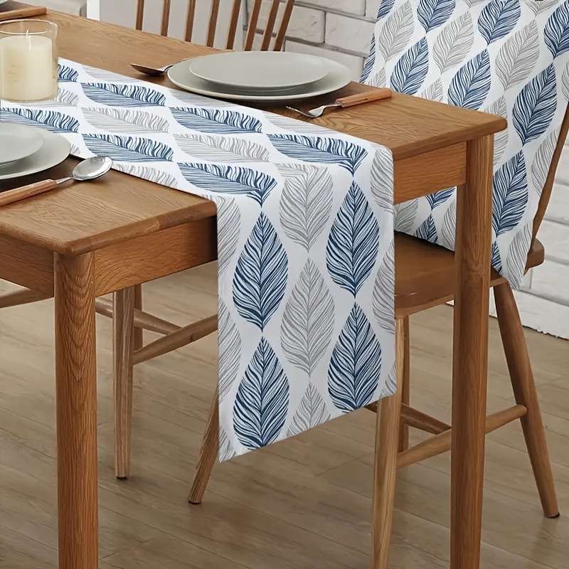 

1pc, Table Runner, Blue And Grey Leaves Pattern Table Runner, Seasonal Spring Theme Kitchen Dining Table Decoration For Home, Party Decor