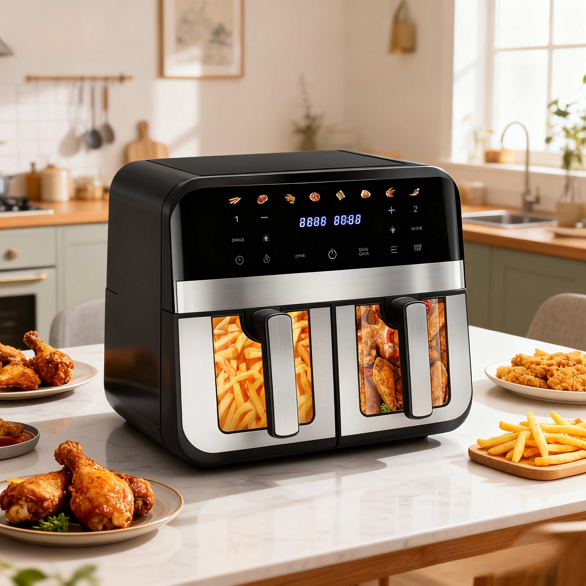E-shop 6 L 8L Einzelkorb/ 9 L Doppel Air Fryer mit 2 Körben, Sichtfenster, Edelstahl Air Fryer, Mehrere Vorwahlen & 60-Minuten Timer,