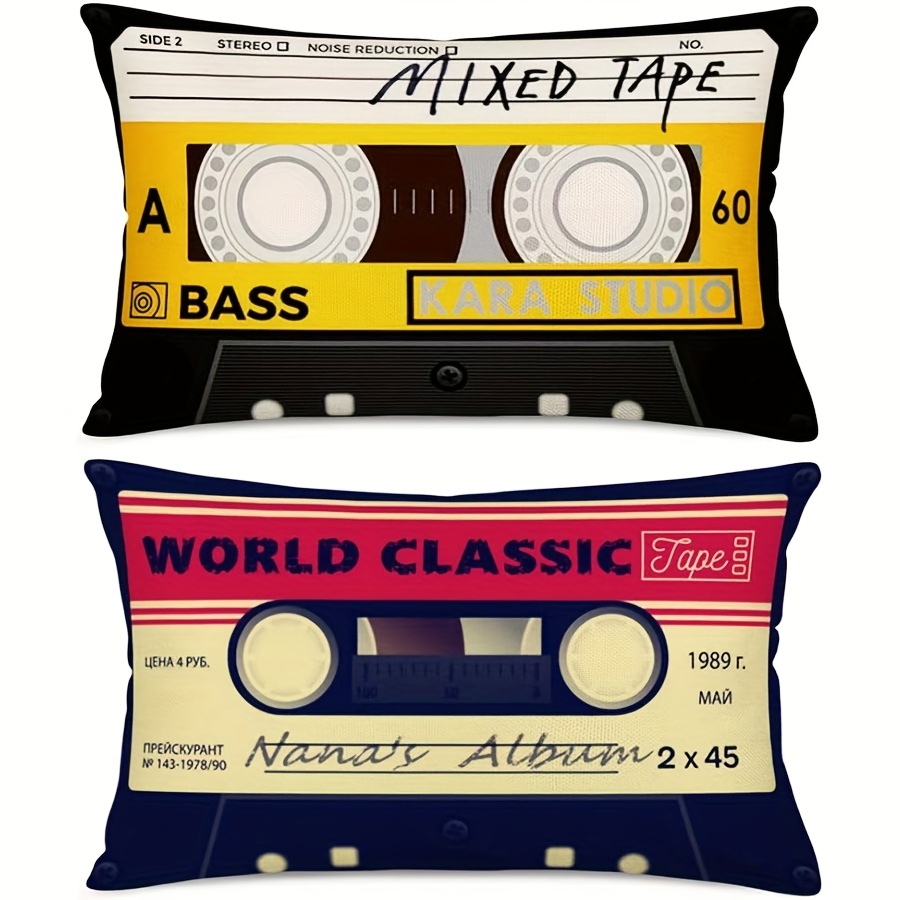 TEMU This Set Of 2 Pillow Covers Features A Cassette Theme, Measuring 12.0x20.0 Inches, With A Black Background And A Vintage Record Design.