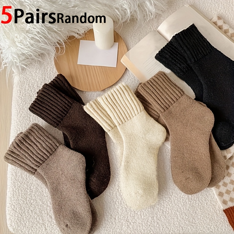 TEMU 5-pair Random Women's Extra Thick Lined -lined Warm Socks - Mid-calf , Soft Cold-proof Solid Color Socks, Suitable For Autumn And Winter, Fluffy