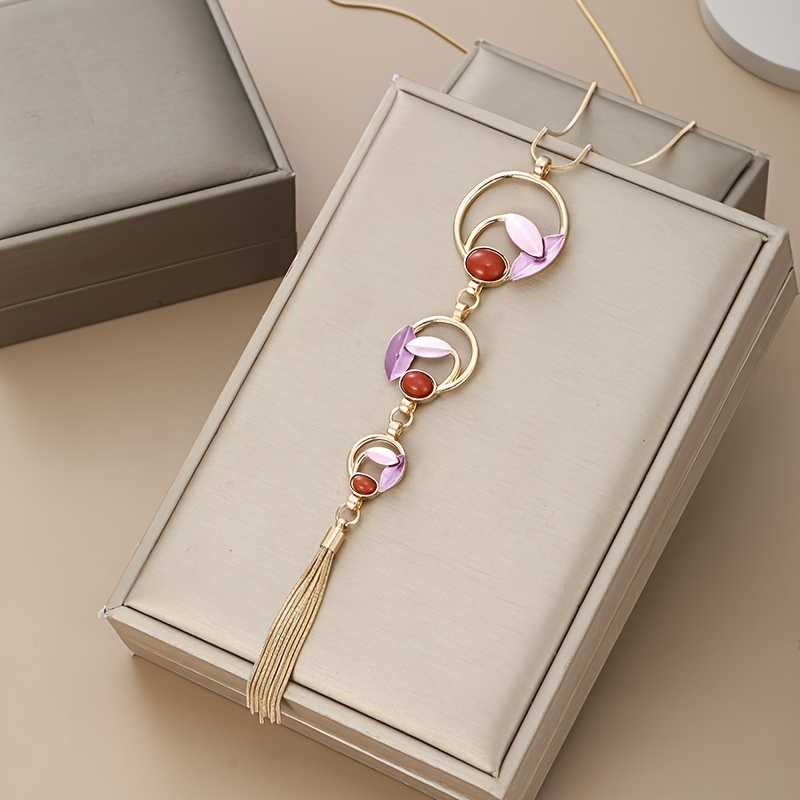 TEMU Collar Largo de Cadena con Colgante Geométrico Borlas, Estilo Bohemio para Mujer - Accesorio Tendencia Otoño Invierno en Aleación Dorada Resina
