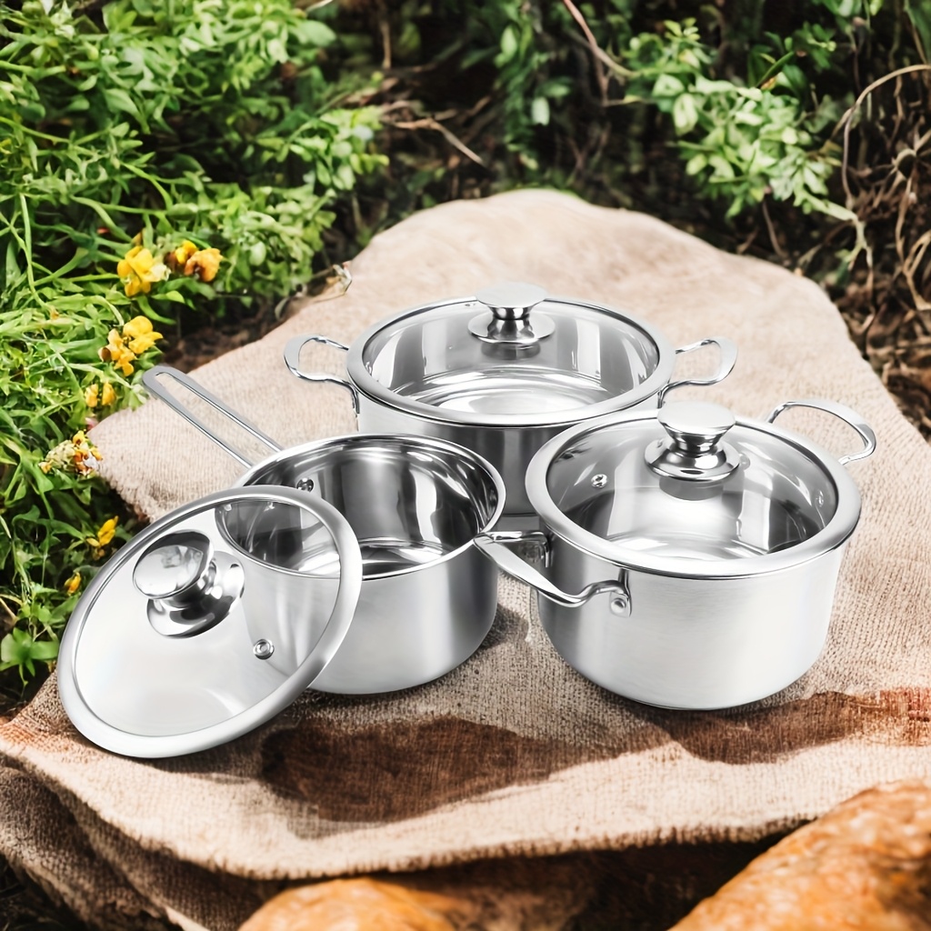TEMU 6pcs Stainless Steel Pot Set, 3 High Quality Food Grade Stainless Steel, Suitable For All Stoves, Dishwasher Safe, Essential For Camping,