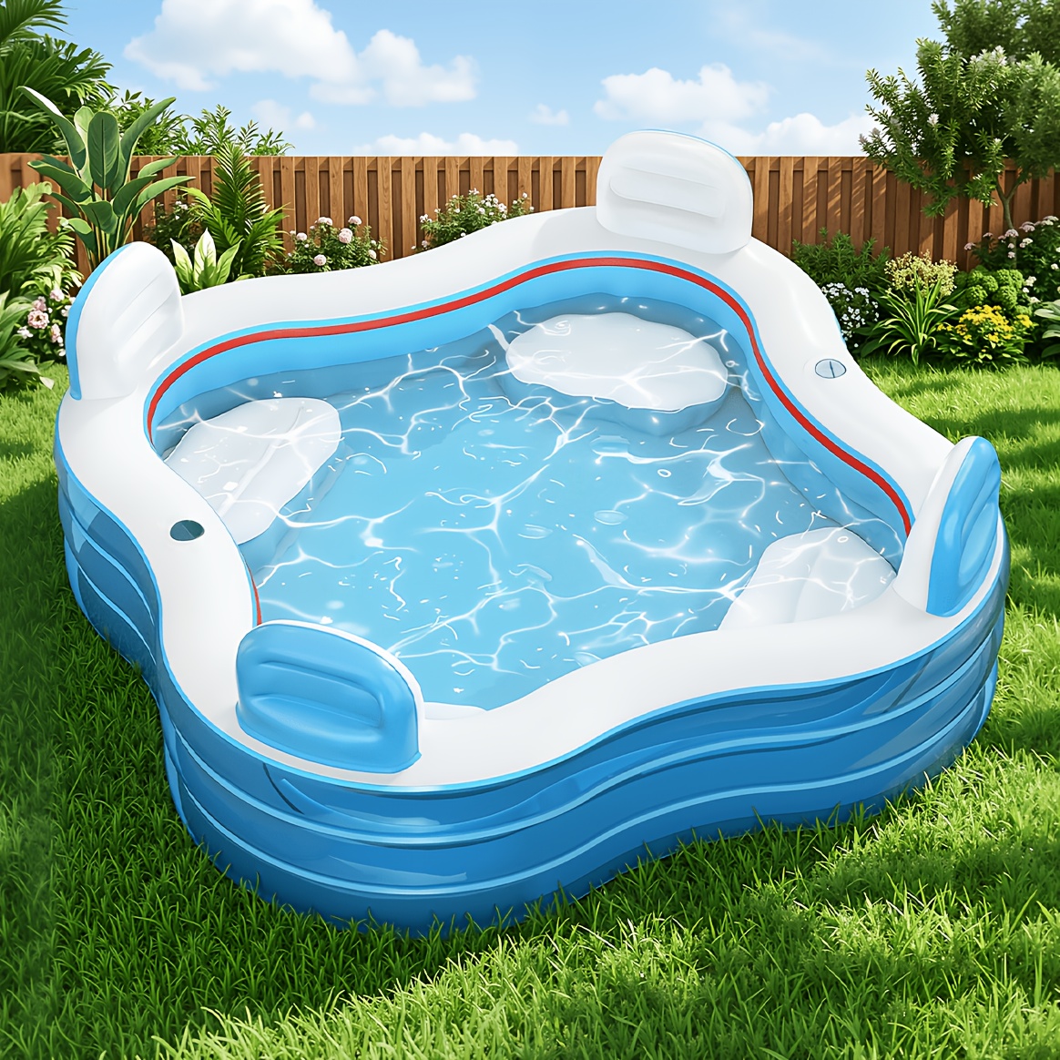 4 seats inflatable pool 80x80x32 inch blow up lounge pool with backrest for adults portable family swimming pool outdoor garden backyard   party