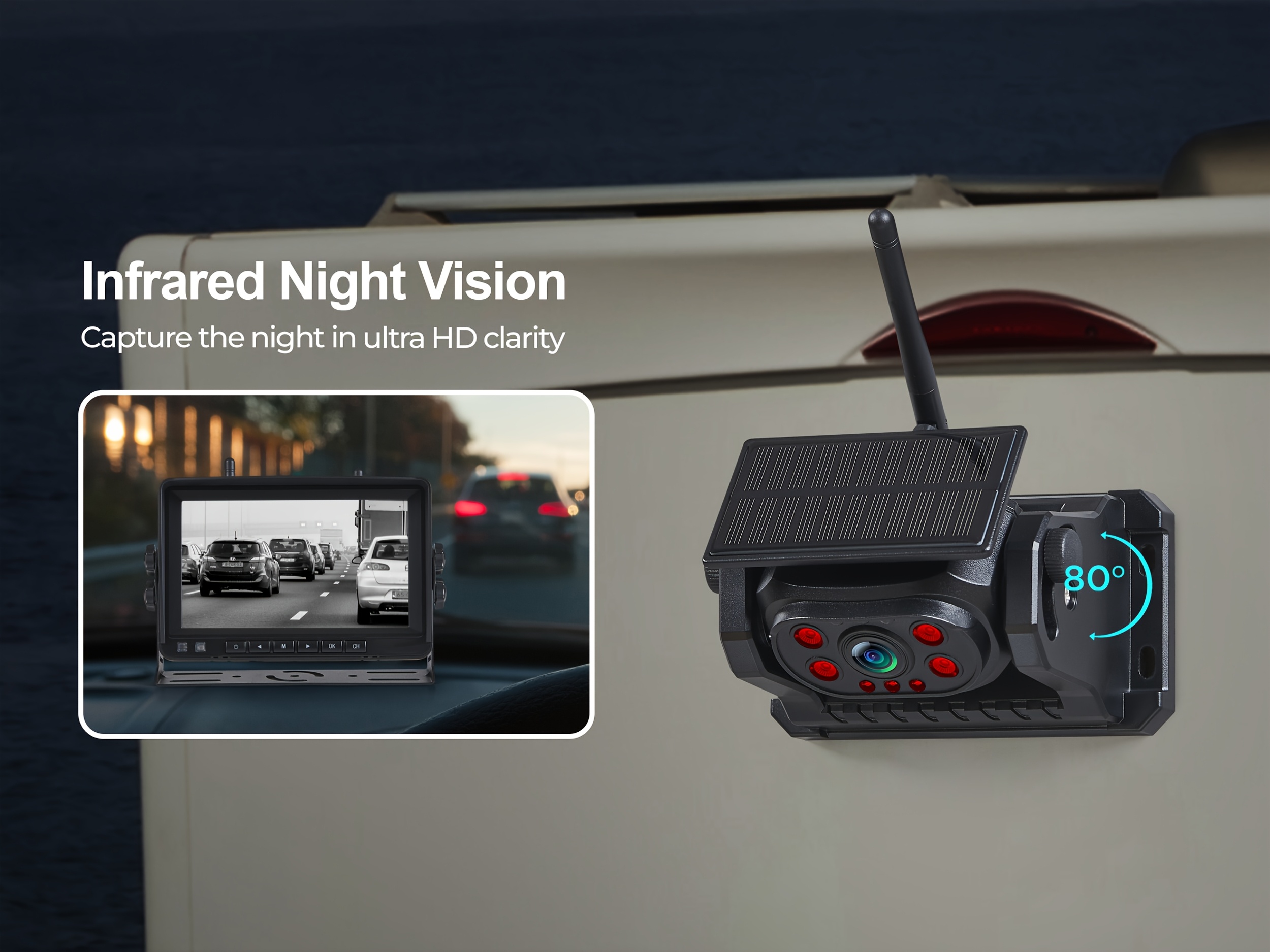 dual channel magnetic solar wireless backup camera system with   1080p monitor 9600mah rechargeable infrared night vision magnetic hitch camera for rv trailer truck boat car   no wiring required Product details 6