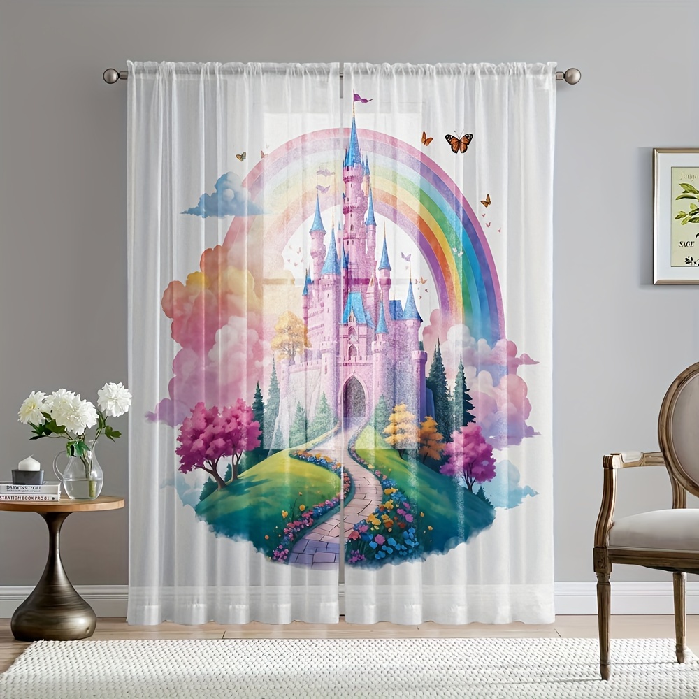 

2pcs Rainbow Castle Printed Semi-sheer Curtains, Decorative Window Drapes, Window Treatments For Bedroom Living Room, Home Decoration, Room Decoration