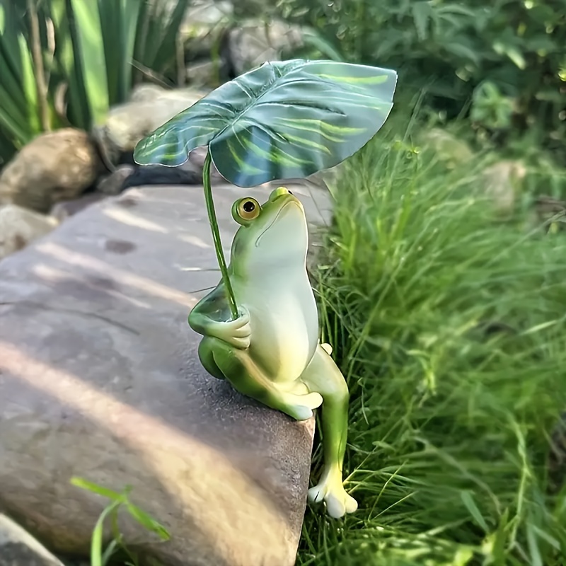 

1pc Resin Frog Figurine With Leaf Umbrella, No Battery Required, Animal Theme Decor For Garden, Study, Balcony, Outdoor Pond, Fish , Water - Ideal For New Year's Day, Valentine's, Easter, Day Gift