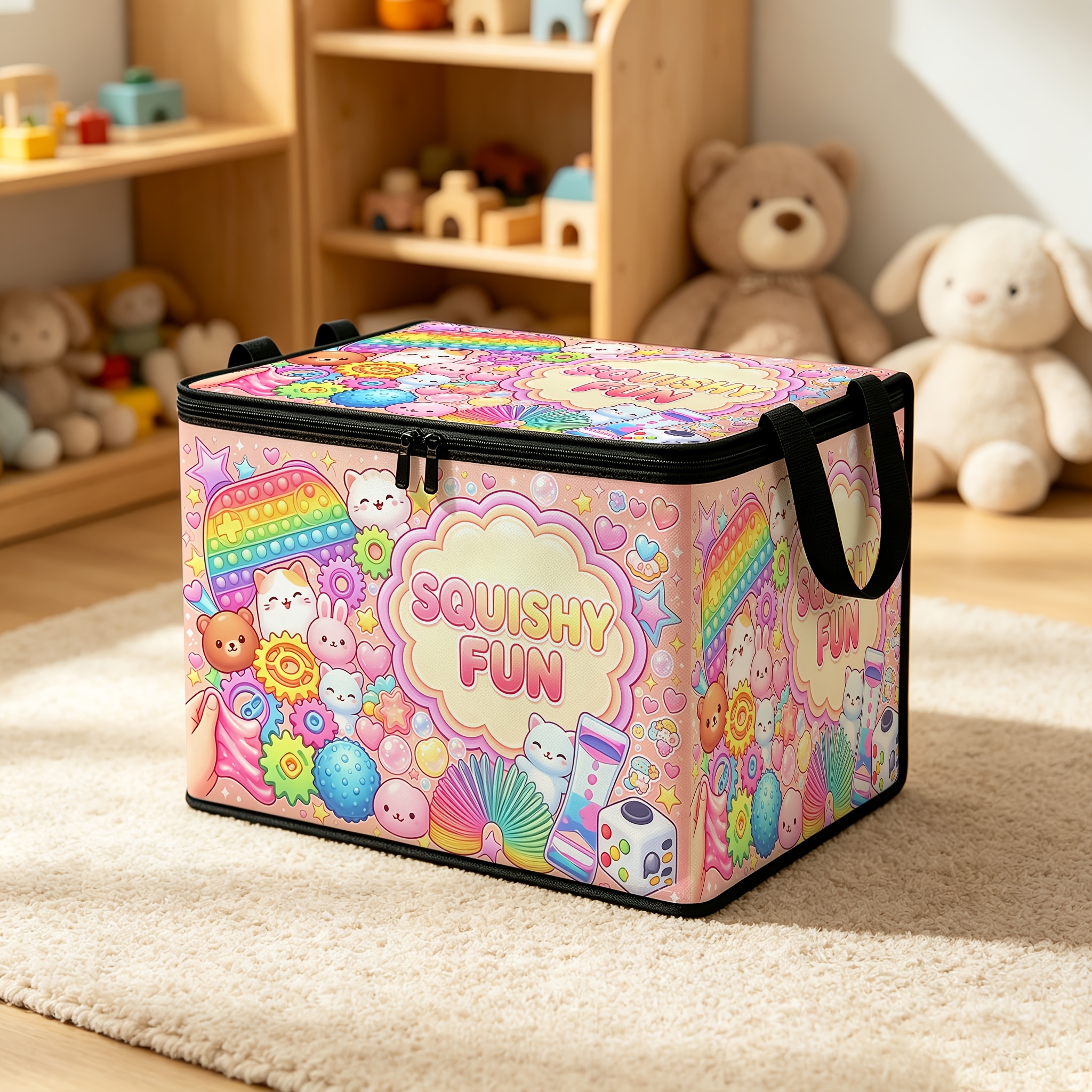 TEMU Colorful Stress Relief Storage Box Soft Cute Element Full Print Pattern, Zipper Foldable Fabric Organizer, Home Blanket Clutter Large Capacity