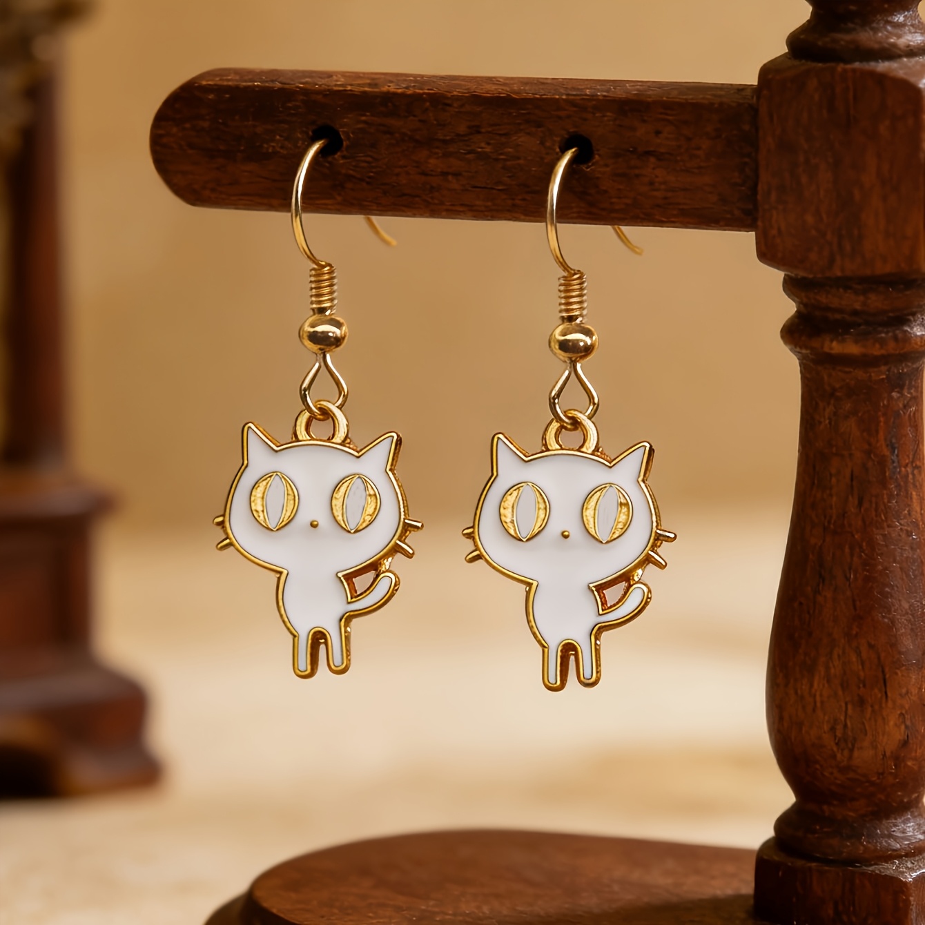 Kitten with Golden Ear Hooks Earrings — Suitable for Daily Wear