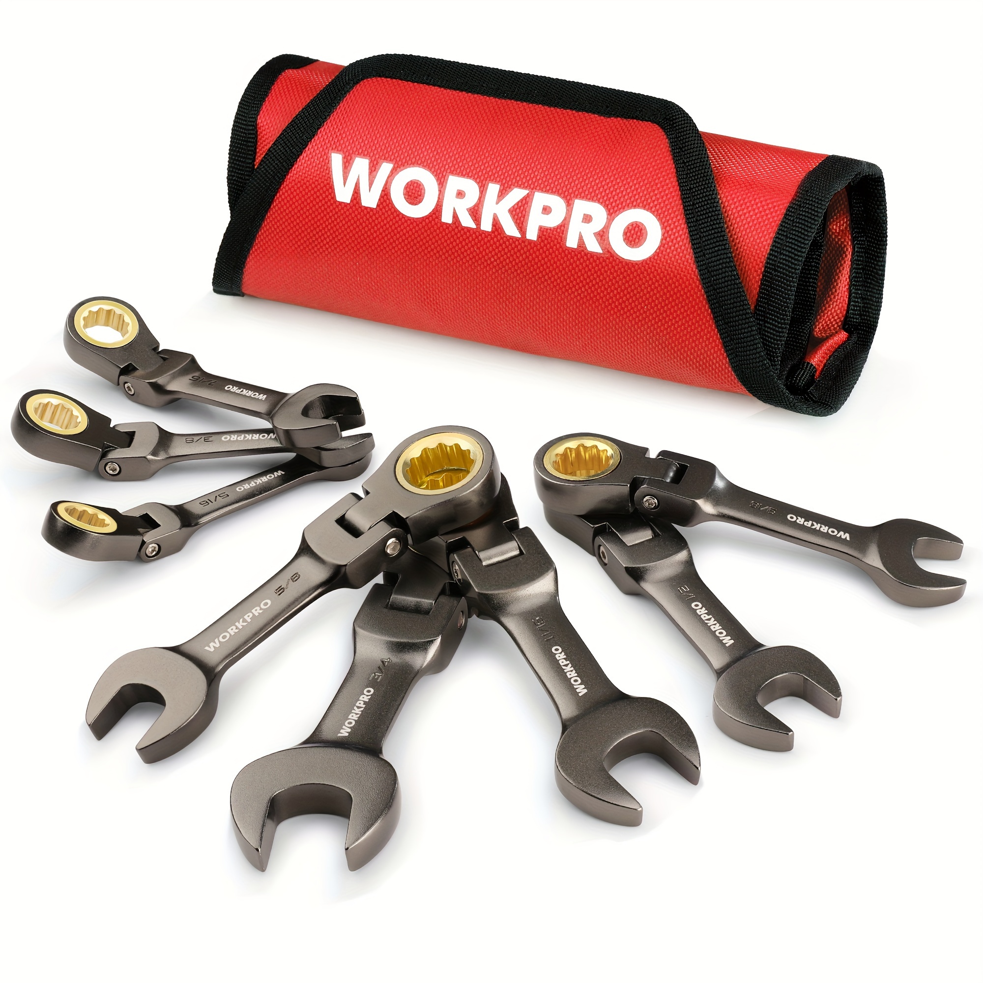 

Workpro 8-piece Flex-head Stubby Ratcheting Combination Wrench Set, Sae 5/16-3/4 In, 72-teeth, Crv, Nickel Plating With Rolling Pouch