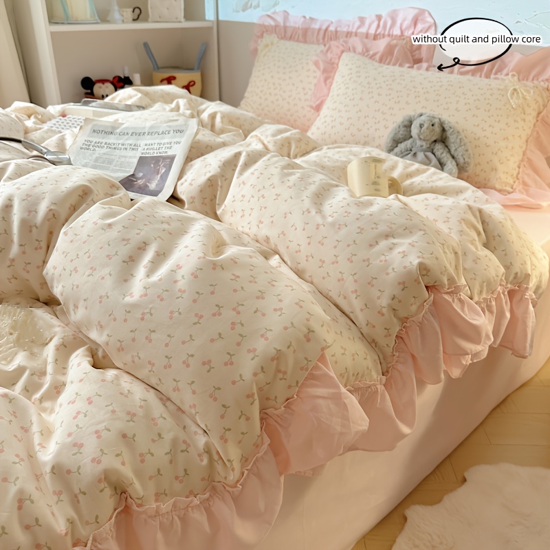 TEMU A 3pcs Set Featuring Cherry Print Lace Duvet Cover Set, Adorable Bedding That Includes 1 Duvet Cover And 2 Pillowcases (excluding Inserts). The