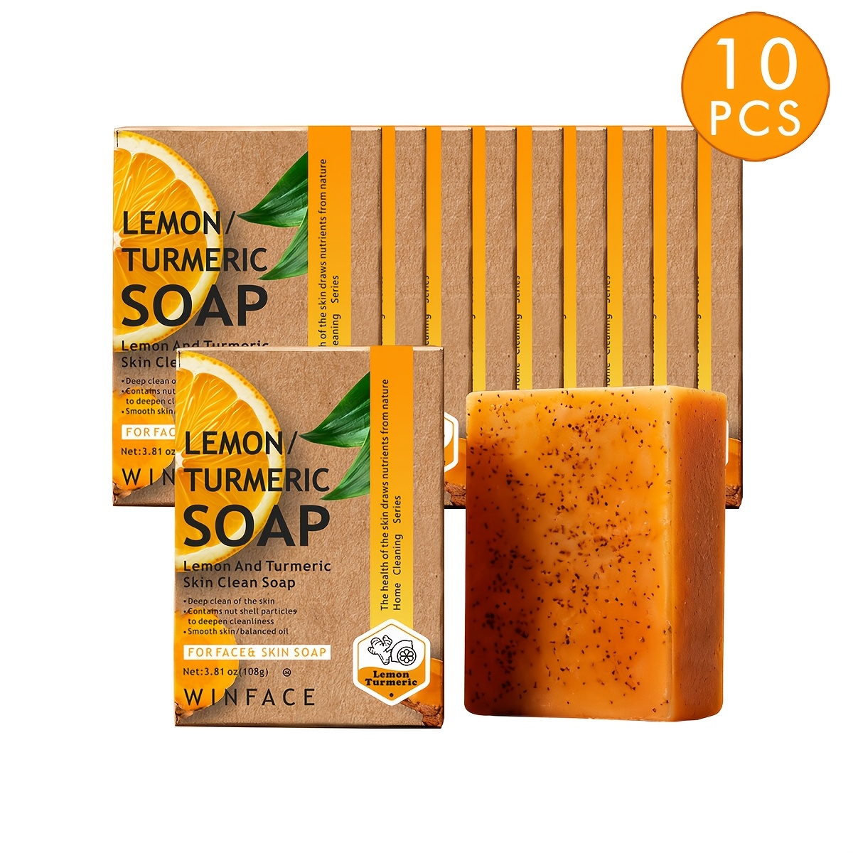 Image of 10 X Bar Lemon Turmeric Kojic Acid Soap, Moisturizing, Refreshing, Oil Controlling Shower Soap, Turmeric Clean Stain, , Kojic Acid For Skin Care, Travel, 3.81 Oz X