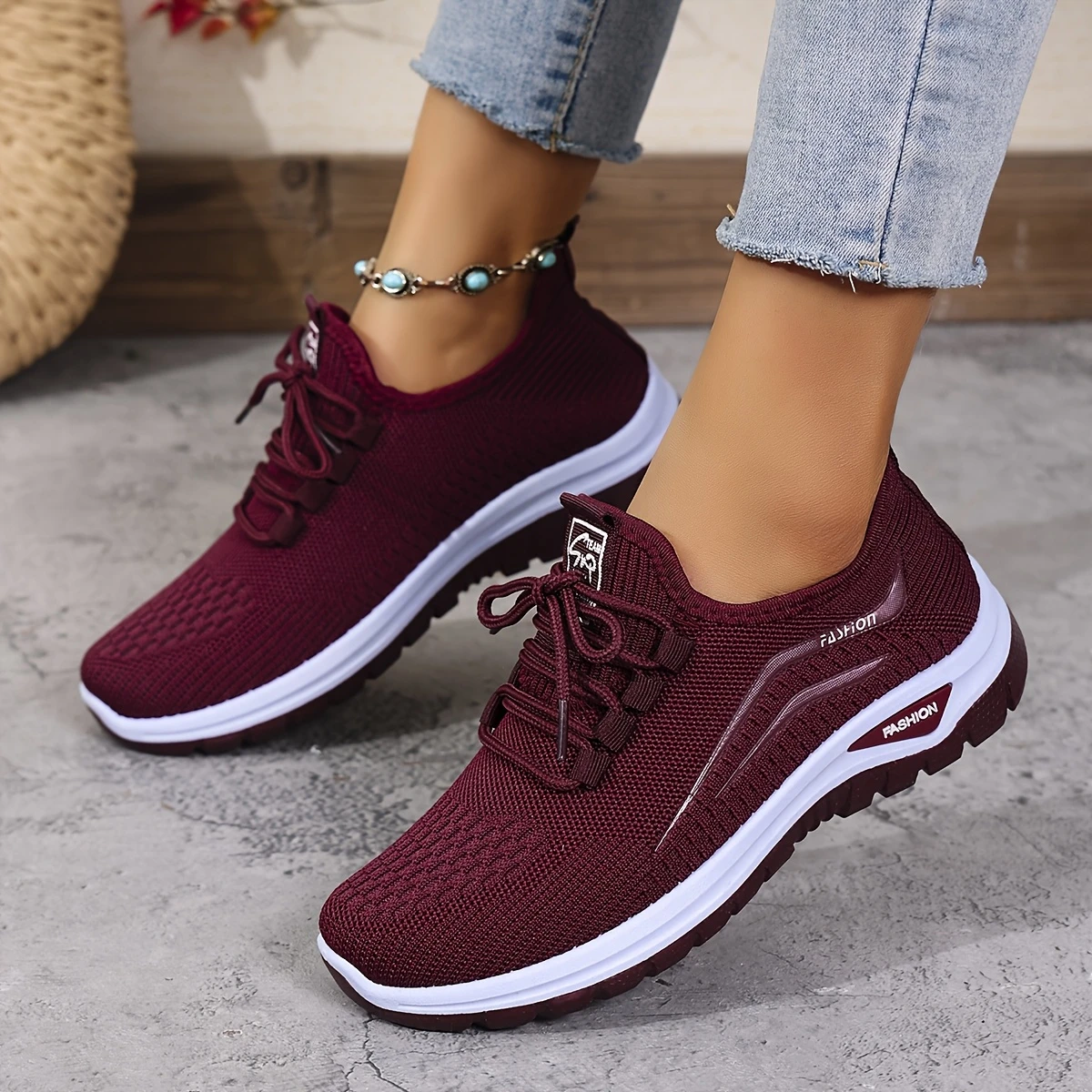 womens casual sports outdoor running walking daily commuting lace up patterned double layer easy on off knitted shoes details 7