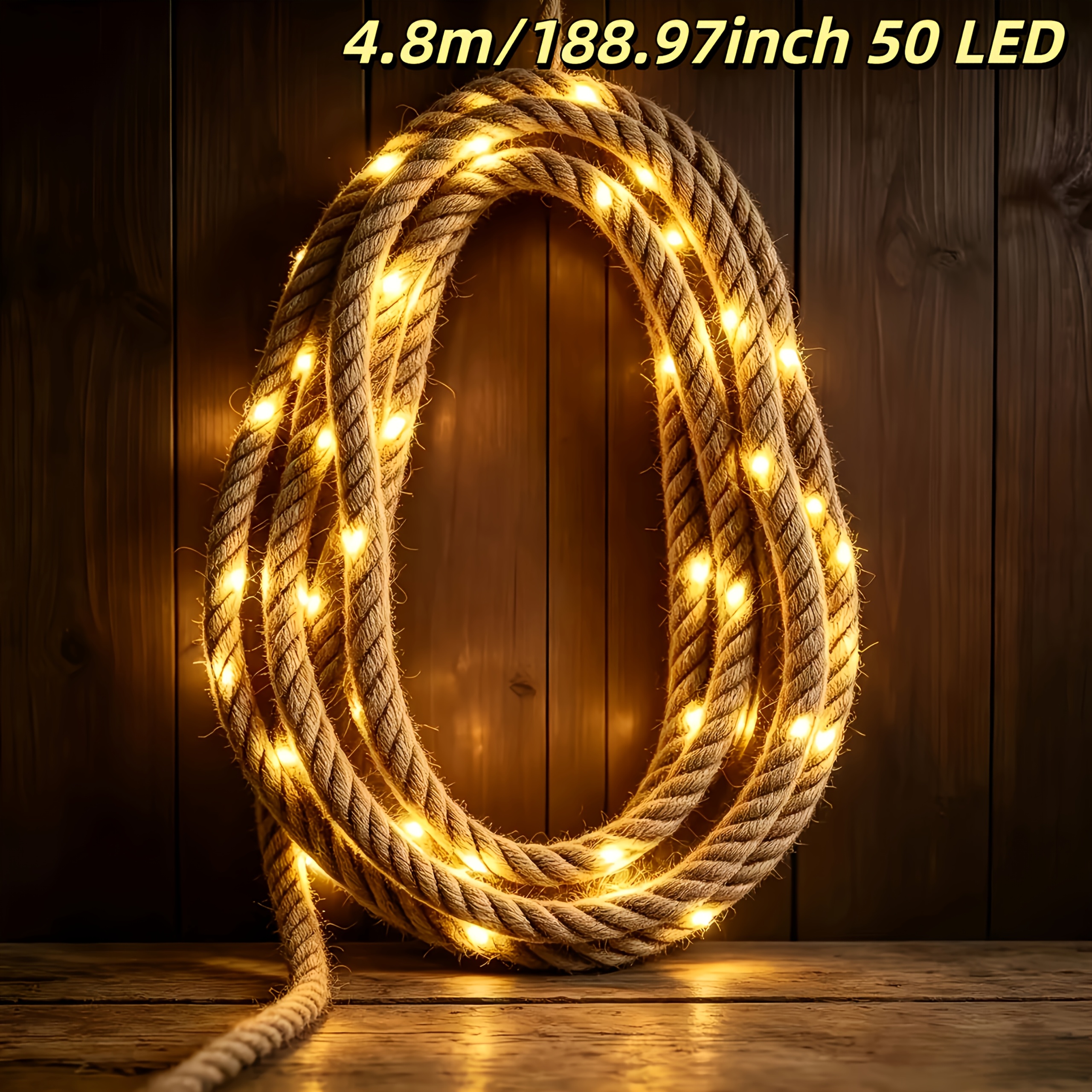 TEMU 100/50pcs LED Lumières. Nouvelles lumières solaires en corde de chanvre, guirlande lumineuse de décoration de clôture de cour de style rétro,