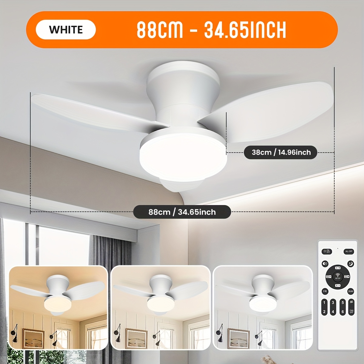 E-shop Schwarzer oder weißer dimmbarer LED-Smart-Lüfter mit Licht & Fernbedienung, 6 Windgeschwindigkeiten, reversierbarer Sommer-Winter-,
