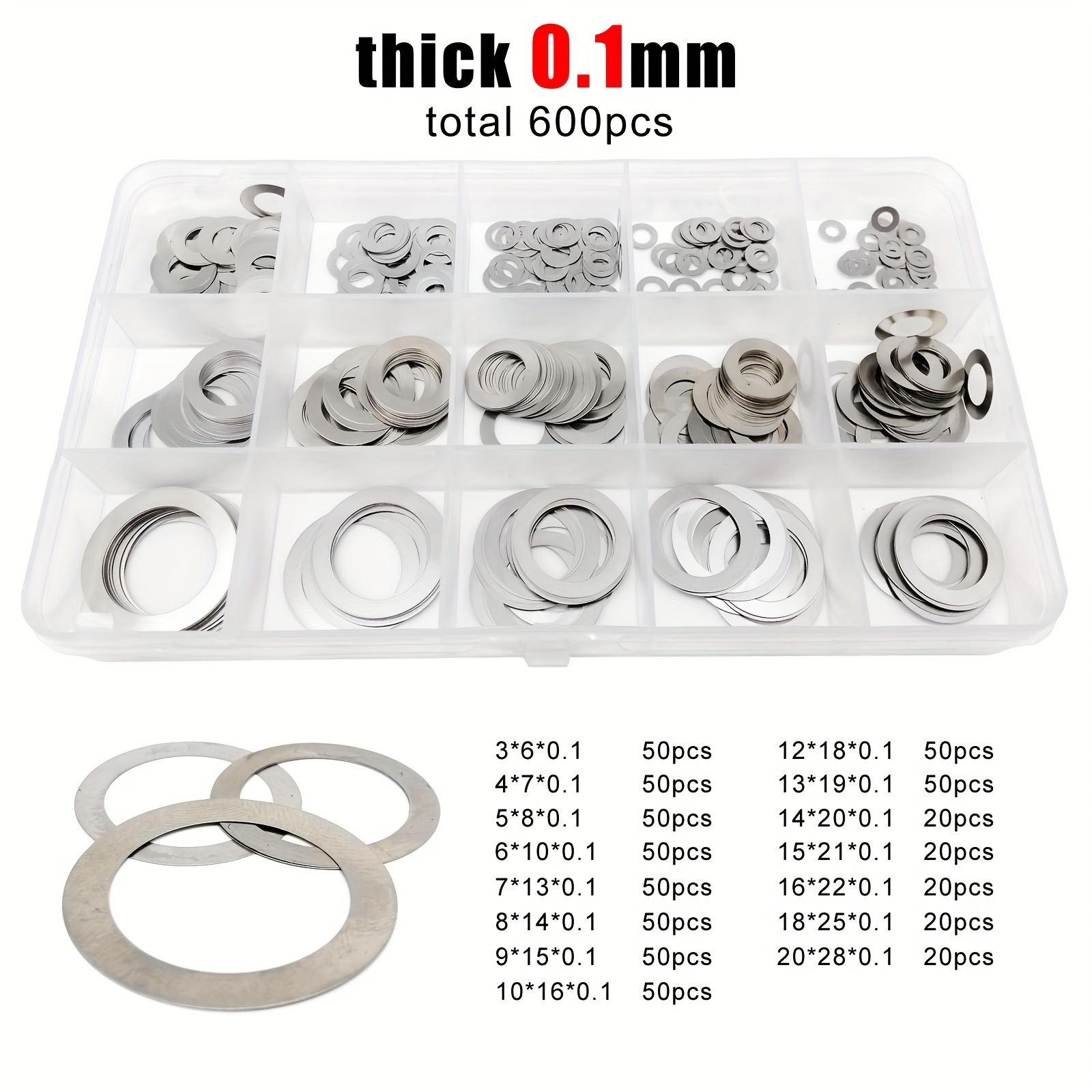 

600pcs/box 0.2mm 0.3mm Thickness Ultra Thin Flat Washer Adjusting Shim Plain Gasket Mix M3 M4 M5 M6 M8 M10 M12 M16 M20 Assortment Kit Set A2 304 Stainless Steel