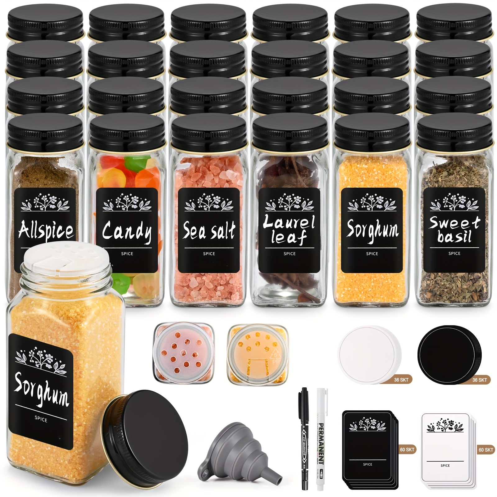 

24pcs Miorkly Square Glass Set, 120ml - Rust-proof With Black Aluminum , Includes Funnel, Labels & Pen - Organizing & Storing Spices, Applicator Insert, Sealed, Aluminium Lidded