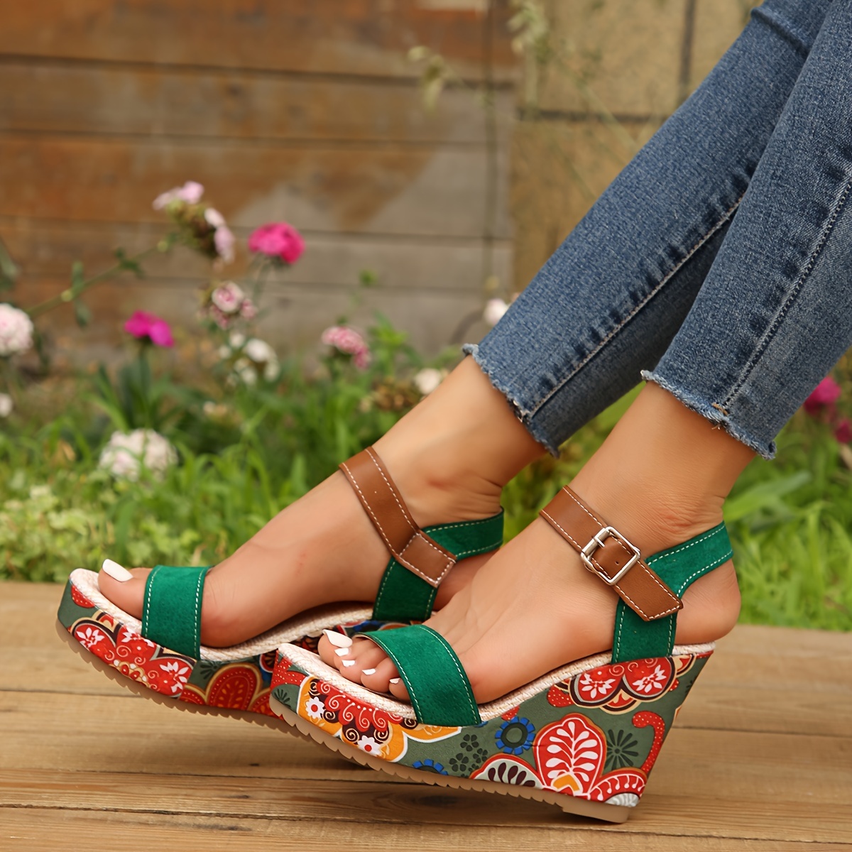 Floral Print Wedge Sandals Women s Colorful Open Toe Buckle - Temu