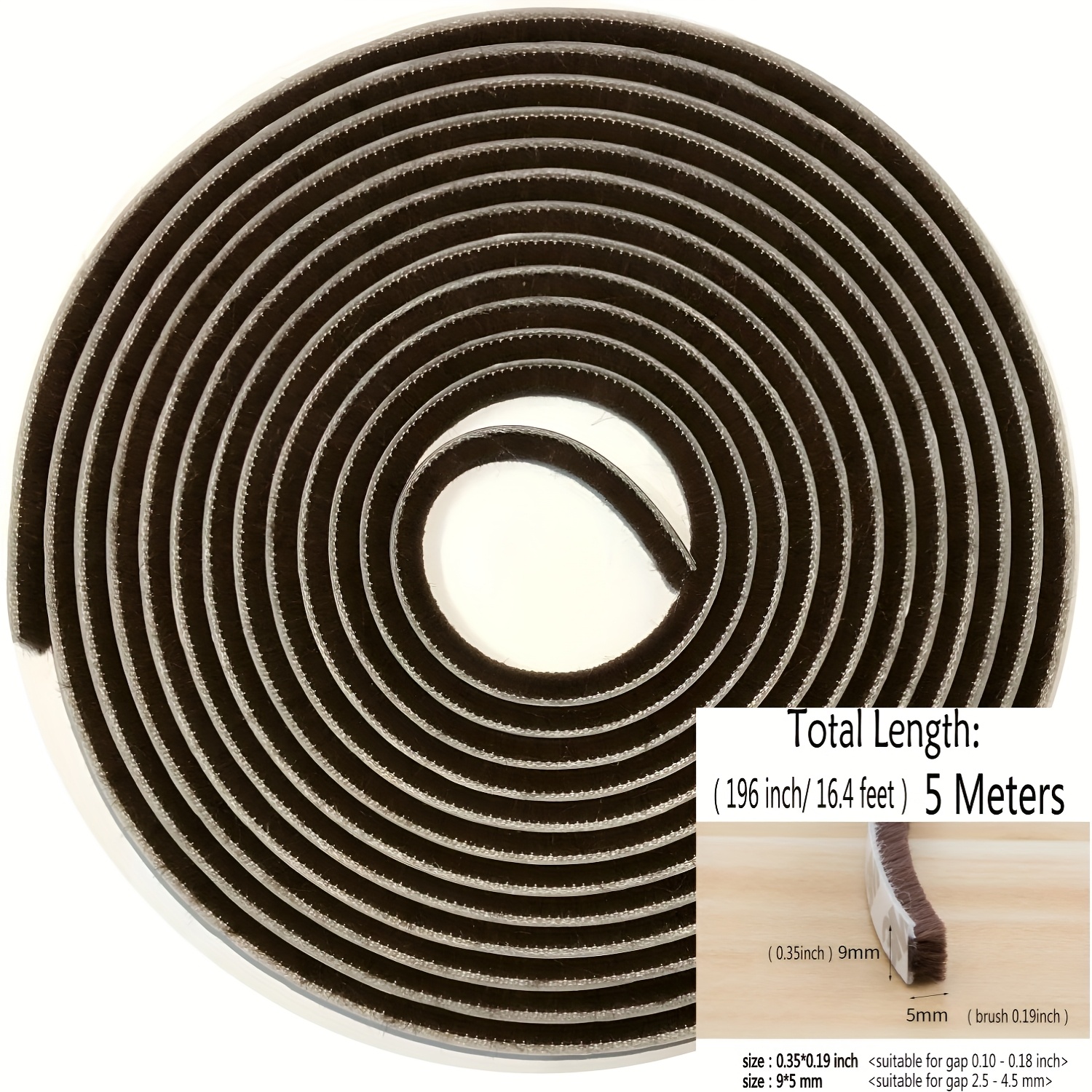 TEMU 1pc 16.4ft Self-adhesive Brush-style Waterproof Seal Strip - Soundproof & Dustproof Door/window Weather Stripping, White/gray/brown For Home