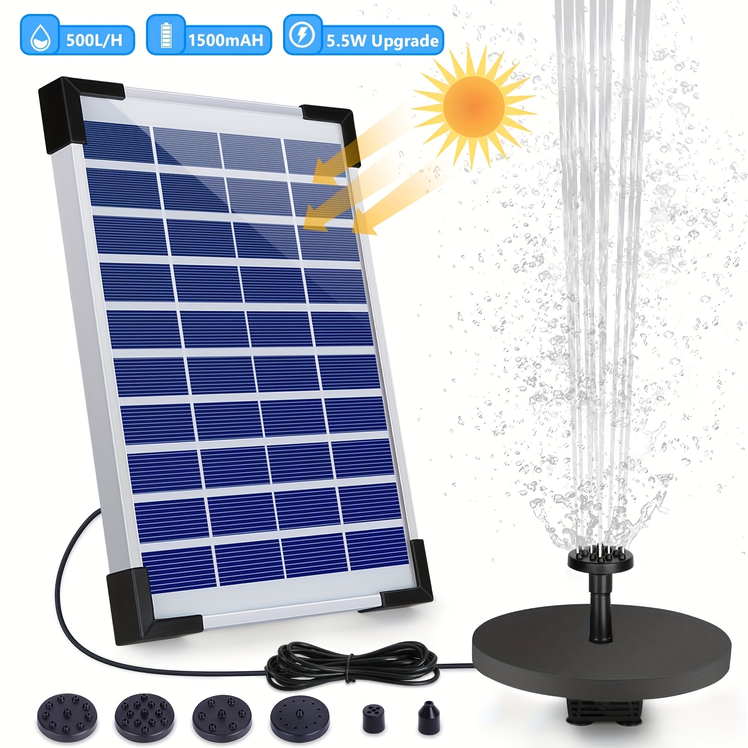 Image of Solar Fountain, Solar-powered Water Pump Fountain - Portable & Floating Design For Bird Baths, Gardens, & Outdoor Pools (1.5w/2.5w/5.5w/6.5w/5.5w-battery) Ipx8, High-wattage, Water Feature Fountains