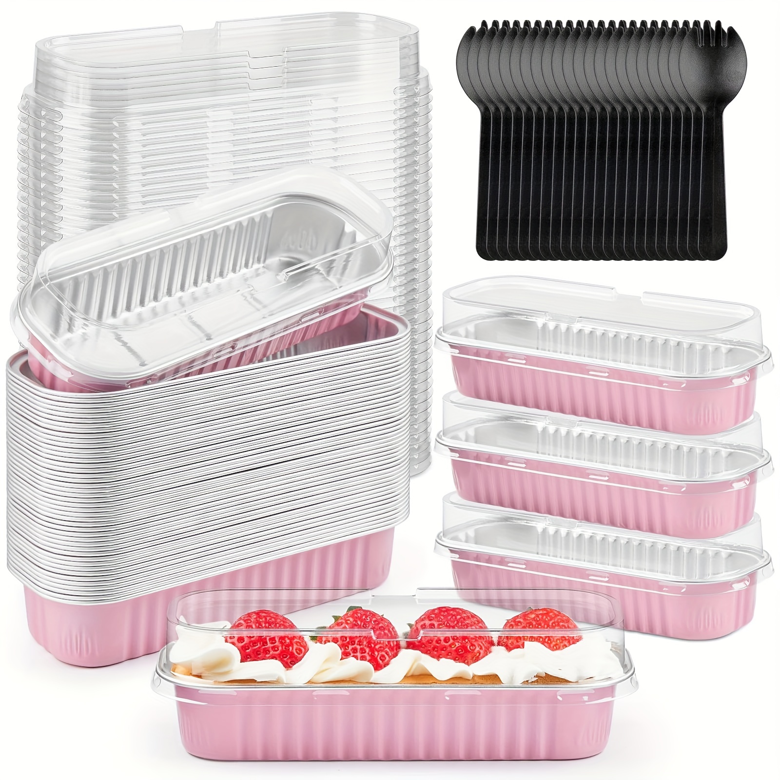 

50-pack Mini Loaf Pans With Lids & Spoons, 6.8oz Disposable Aluminum Baking Cups - Sturdy & Stackable Foil Tins For Cakes, Cupcakes, Creme Brulee, Cheesecake Ramekins