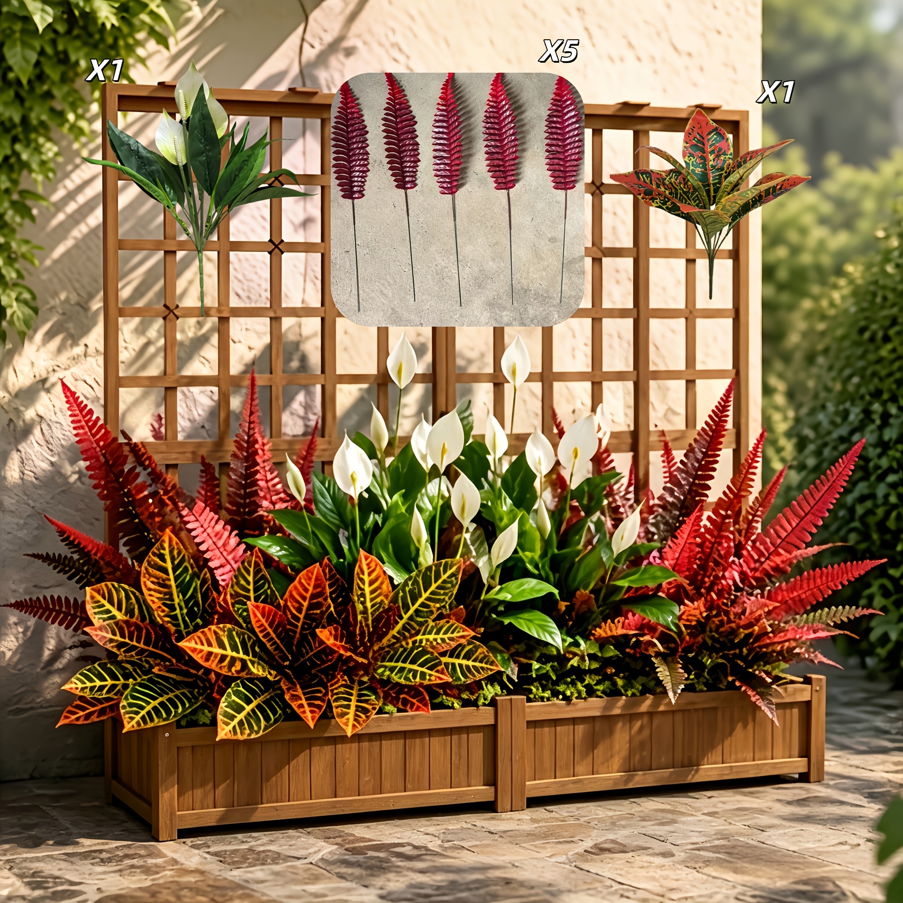 TEMU Ensemble de 7 pièces de plantes artificielles rouge et blanc contrasté, couleur rouge automne, parfait pour la décoration extérieure d'automne,