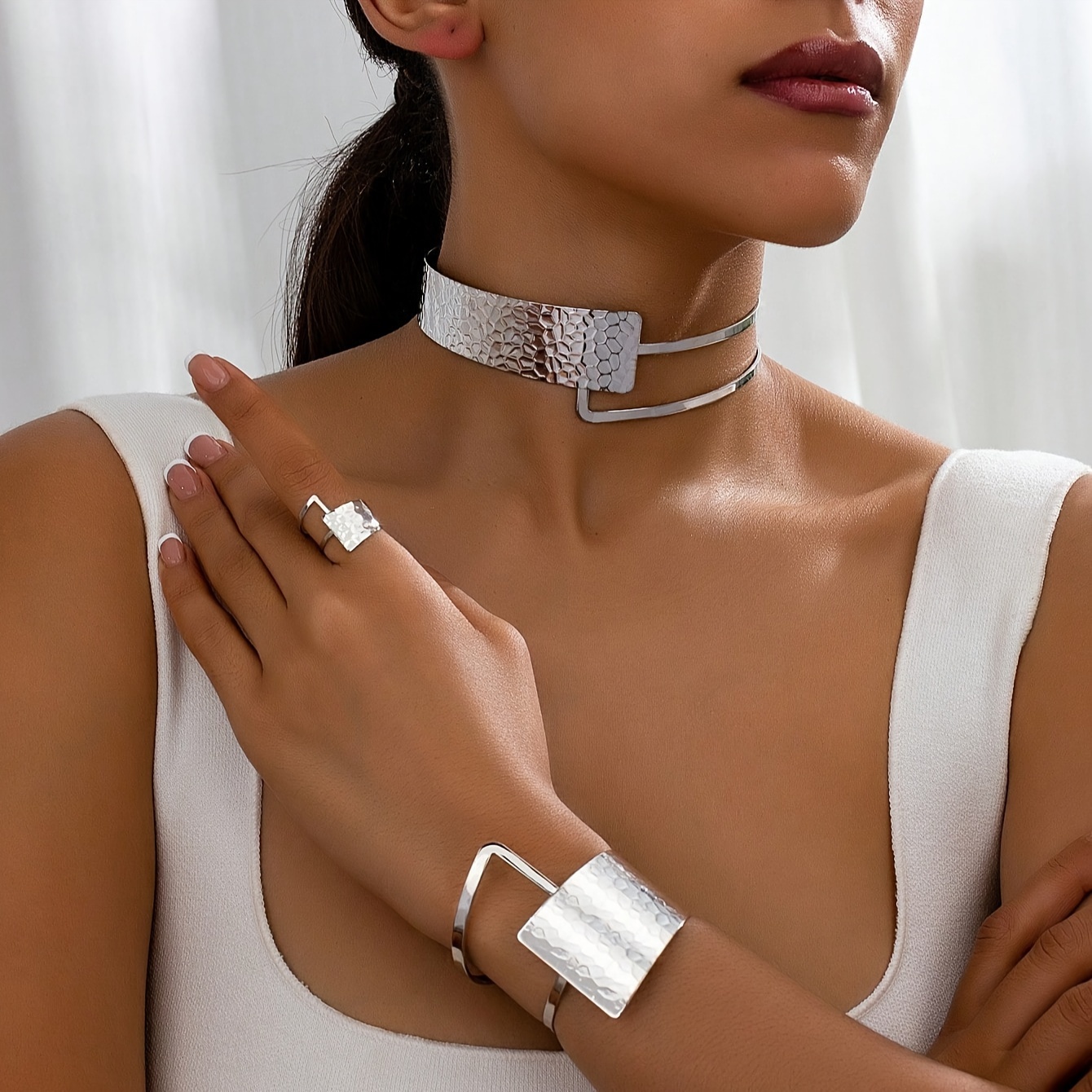 3pcs Bohemian Metal Opening Textured Geometric Choker Bangle Ring Set Women Daily Wear