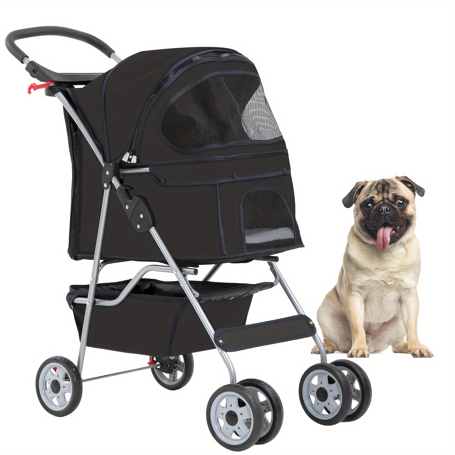DOPINMIN Foldable Pet Travel Carrier, 4-Wheel Pet Stroller With Canopy, Waterproof Breathable Dog Cat Outdoor Push Cart For Small Medium Dogs And Cats