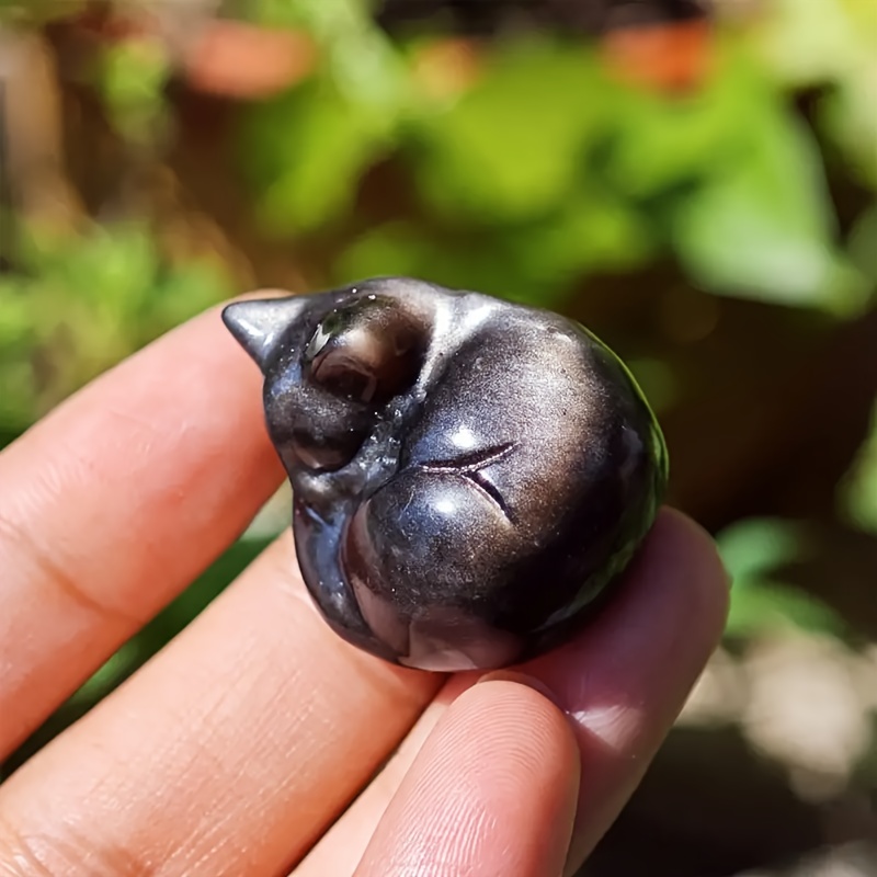 Image of Silvery Obsidian Sleeping Cat Crystal Figurine - Unique Natural Stone Carving, Perfect Gift For Women & Girlfriends, Ideal For Desk Decor