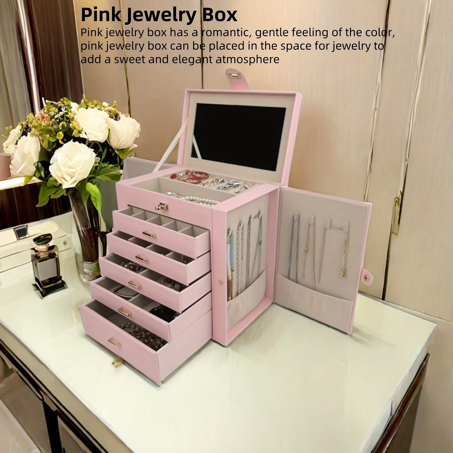 extra large 6 layer jewelry box with   suitable for storing   types of jewelry such as rings earrings and bracelets it features a two door necklace rack making it   practical for use on dressing tables display cabinets Product details 7