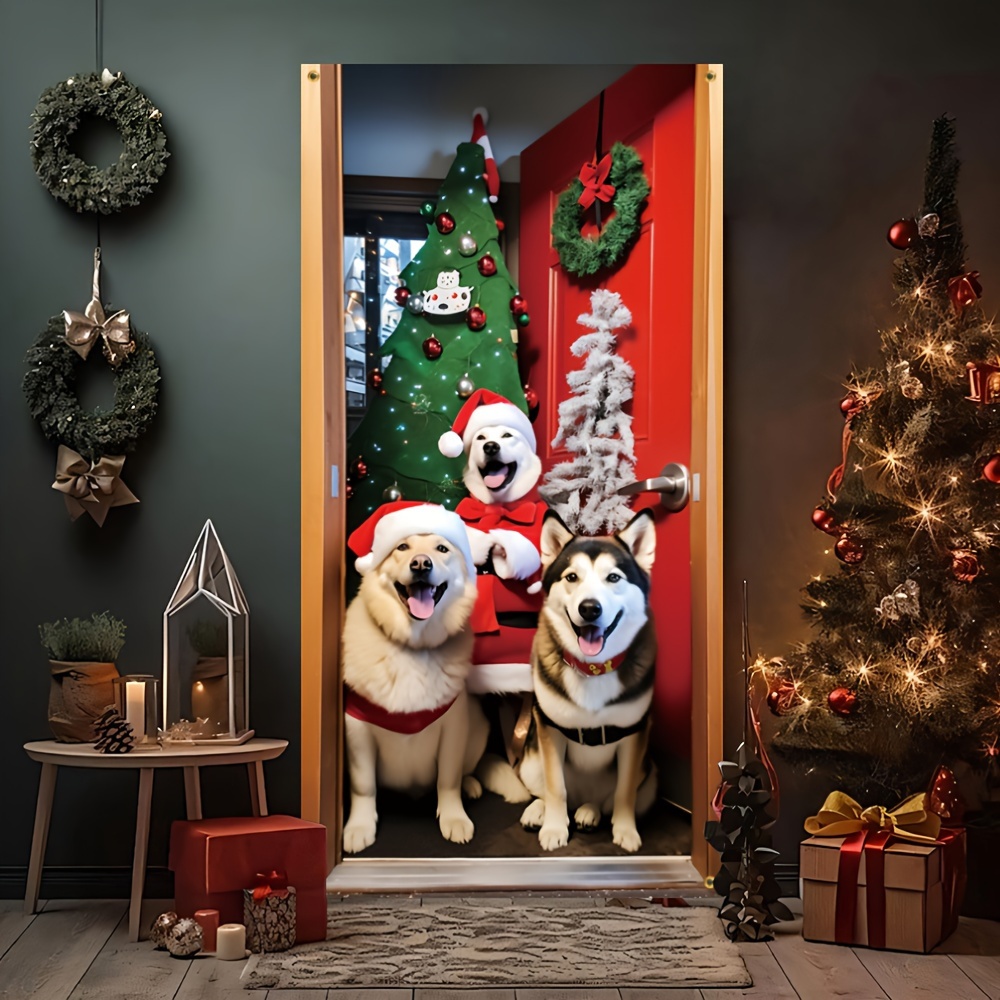 TEMU 2d Door Banner A Christmas Welcome Banner Featuring 3 Festive Pet Dogs And A Christmas Tree, Suitable For Family Wall Decor, Party Decorations,