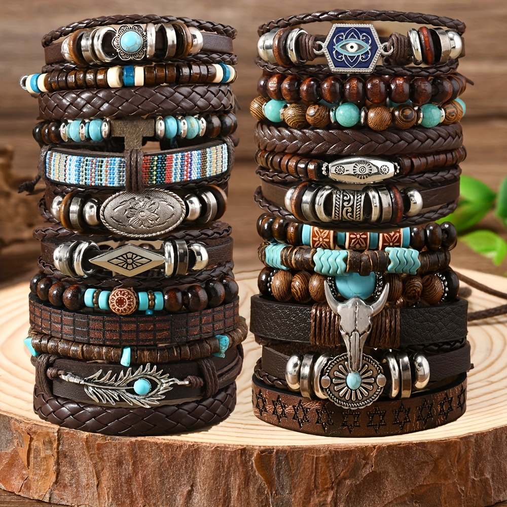 24pcs Boho Beaded Cow's Head Feather Charm Bracelet Set