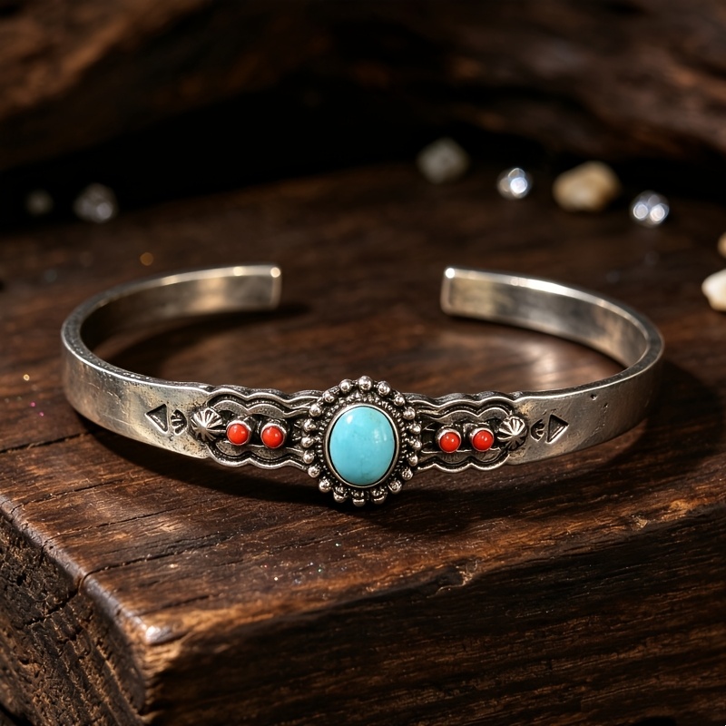 TEMU A Western-style Synthetic Turquoise Open-adjustable Bracelet, Vintage Bohemian Ethnic Style Women's Fashion Jewelry