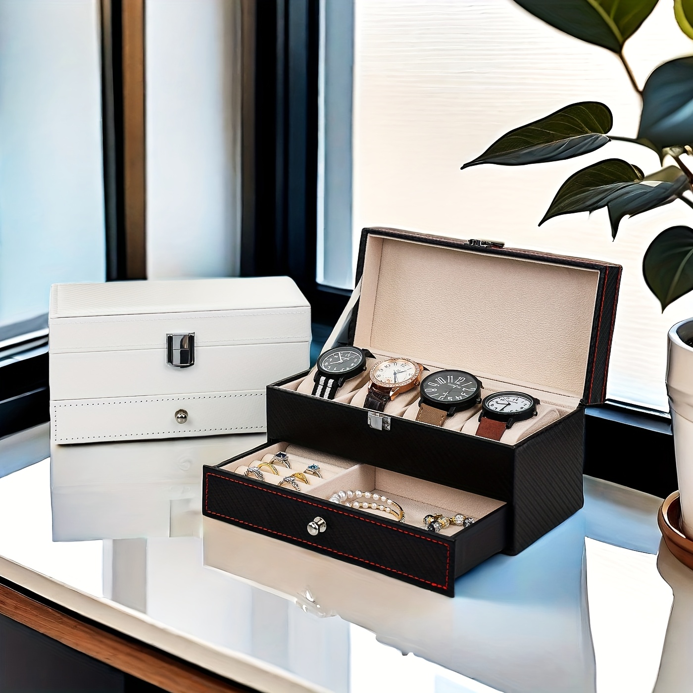 Organizador de Relojes y Joyas en Piel Sintética | con Textura de Fibra de Carbono | Cierre Abatible | Múltiples Compartimentos para Relojes, Anillos, Pulseras y Collares | Regalo Ideal para San Valentín y Acción de Gracias