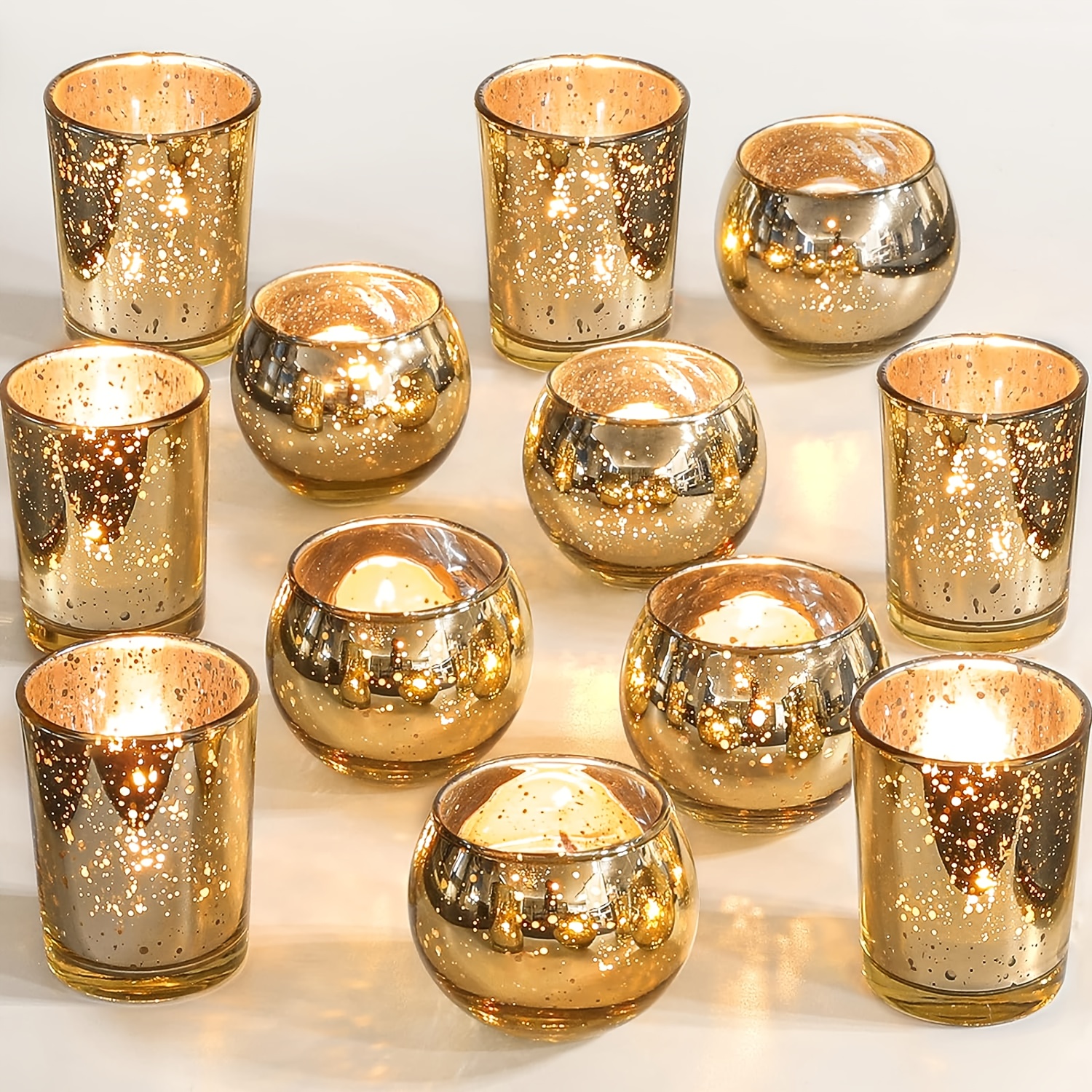 

12pcs, Golden Votive Candle Holders, Mercury Glass Candle Holder, Wedding Centerpieces For Tables, Golden Bridal Shower Party Diwali Table Decorations
