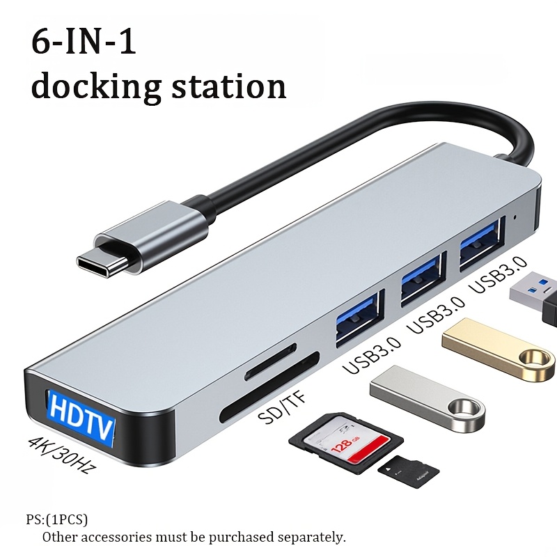 [USB-C Hub Multi-Port Adapter] 6-in-1 Multi-Function Docking Station, USB-C Hub Multi-Port Adapter with 4K@60Hz HDTV, 3 USB 3.0 Ports for High-Speed Data Transfer, an Ideal Choice for Computer Workers