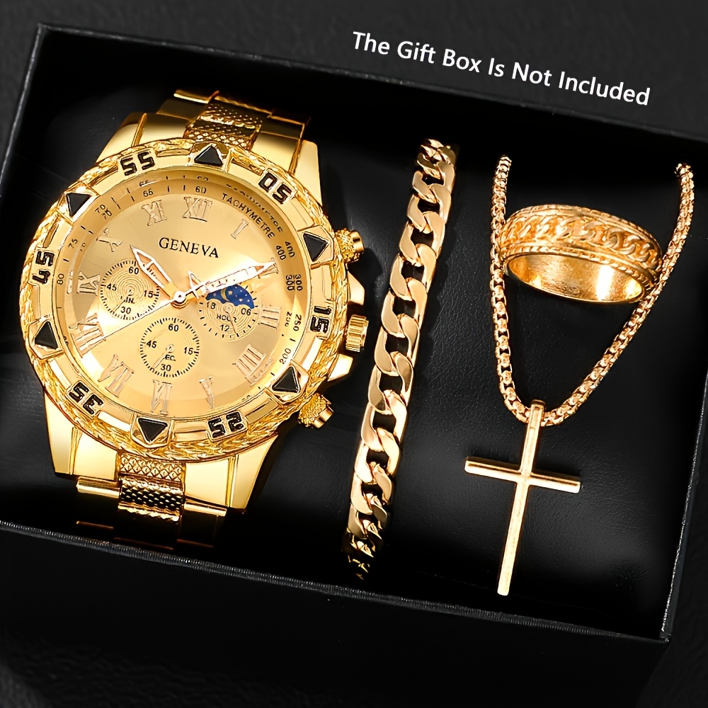 4pcs Men's Luxury Golden Watch & Set - Quartz Analog Watch with Matching Ring, Necklace & Bracelet, Golden-Tone Roman Numeral, Chronograph Hands, Multi- Sub-Dials - Complete Accessory Kit for Weddings, Parties, Everyday