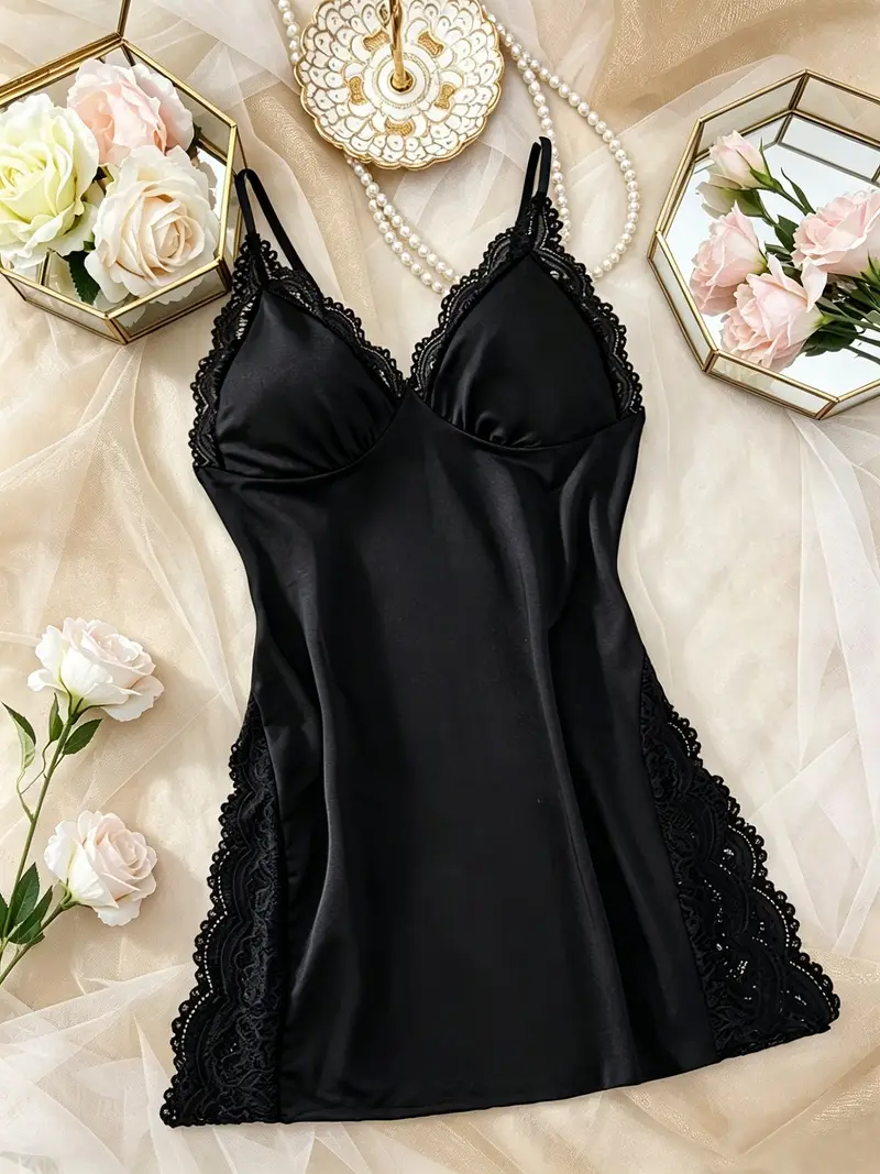 contrast lace night slip dress Charlaine Contrast Lace Satin Slip Pajama Night Dress Luxeloungewear