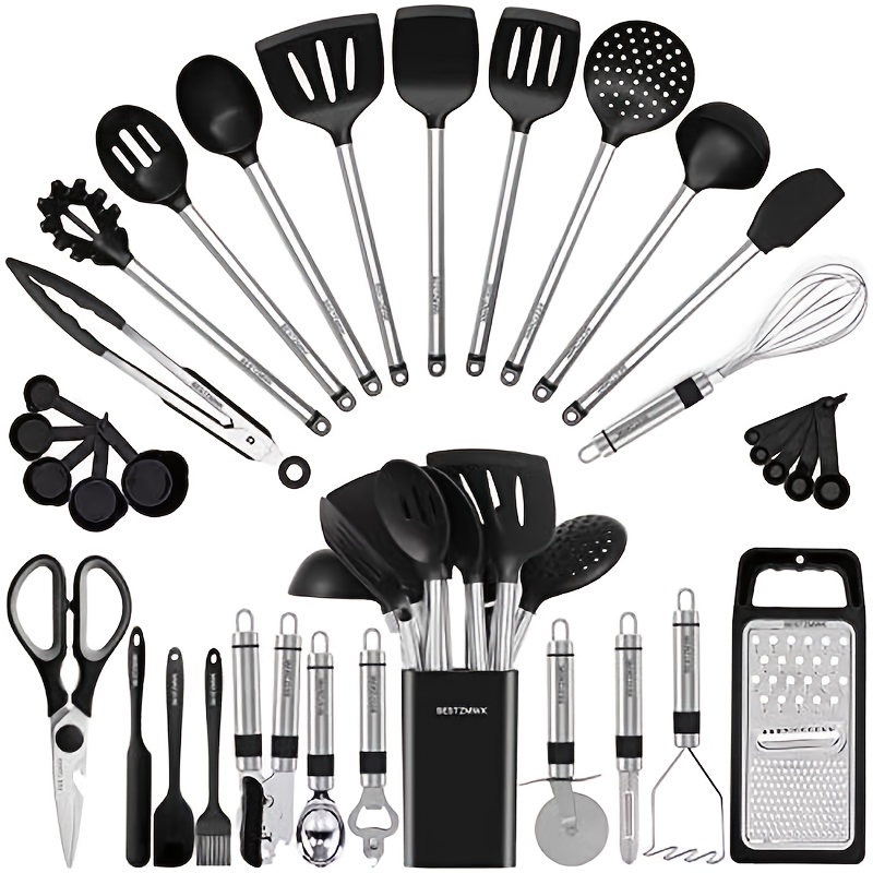 TEMU 33pcs Silicone Kitchen Utensil Set Heat-resistant, Suitable For Cookware, Black Stainless Steel Handle, Includes Brush Set, Small Kitchen Tools, Ideal Father's Day Gift