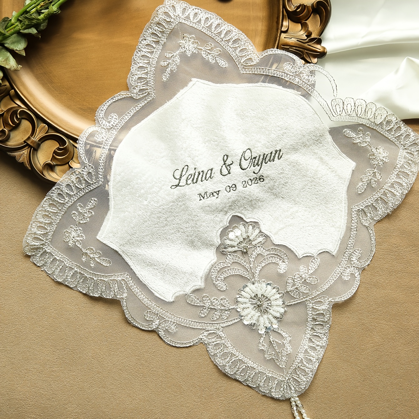 TEMU Personalized Embroidered Bridal Handkerchief With Custom Name & Wedding Date - Elegant Lace & Wedding Hanky Suitable For Bride, Wedding Keepsake
