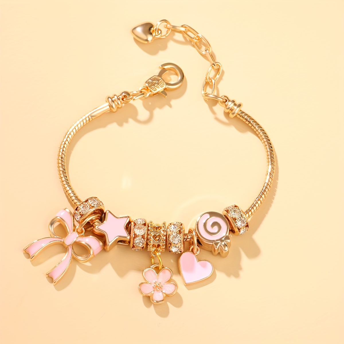 TEMU 1pc Y2k Cute Five-petal Flower Bracelet With - Plated Beads & Bow - Pink Flower Beading Hand Chain Jewelry Gift For Women &, Daily Wear & For -