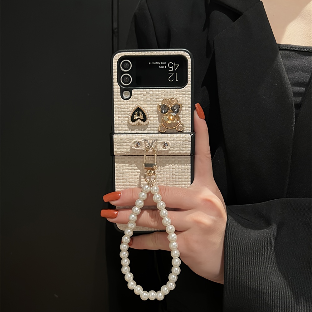 TEMU Phone Case - Fashion Woven Texture Bear Heart Foldable Screen Phone Case With Pearl Chain For Galaxy Z Flip 3 4 5 6 7 Full Coverage Premium