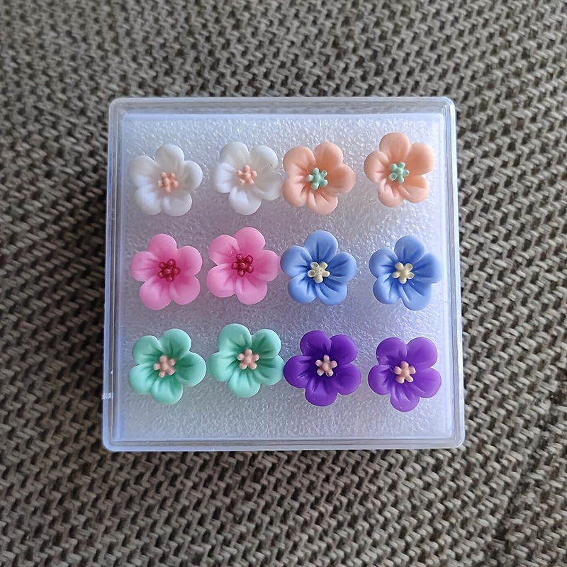 

[6 Pairs Resin Flower Stud Earrings Set] 6 Pairs Resin Flower Stud Earrings Set, Fashionable , For & Vacation, Japanese & Korean Style, , Gift Box Included