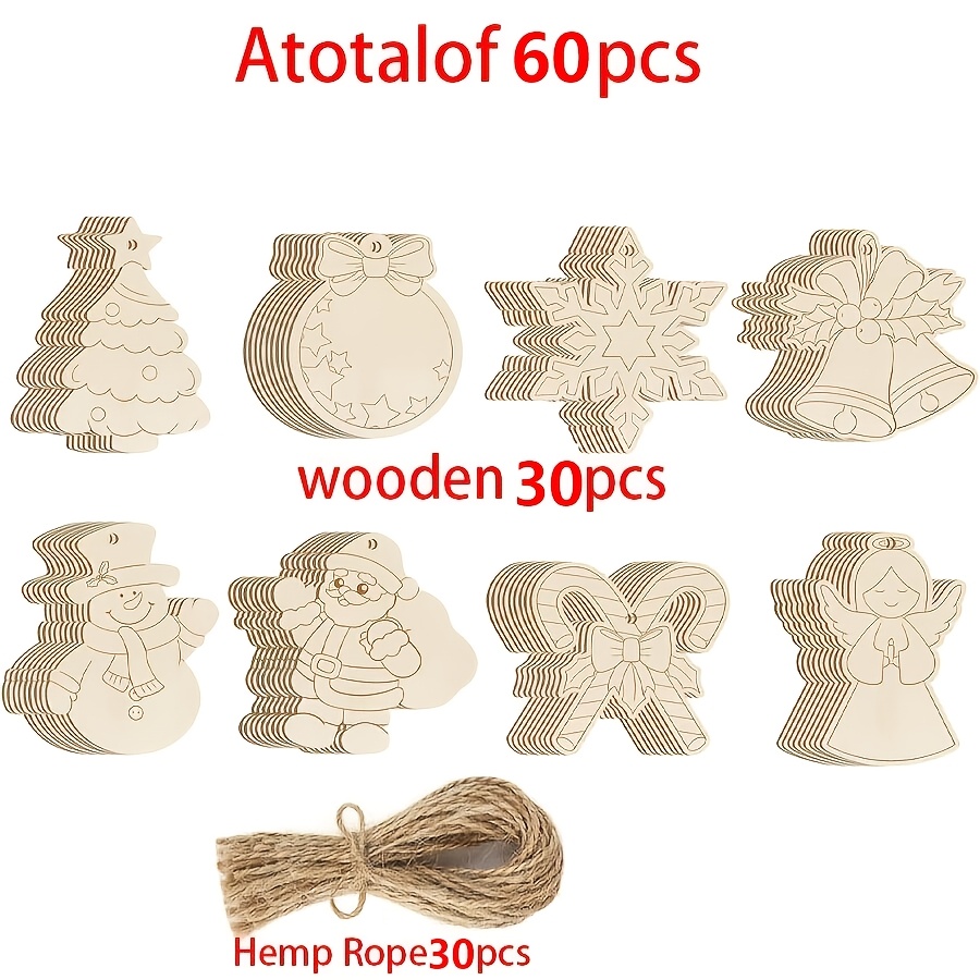 TEMU Juego de 60 piezas que 30 piezas de madera y 30 cuerdas, adornos navideños de madera con 8 estilos diferentes de tallas de madera para hacer tú