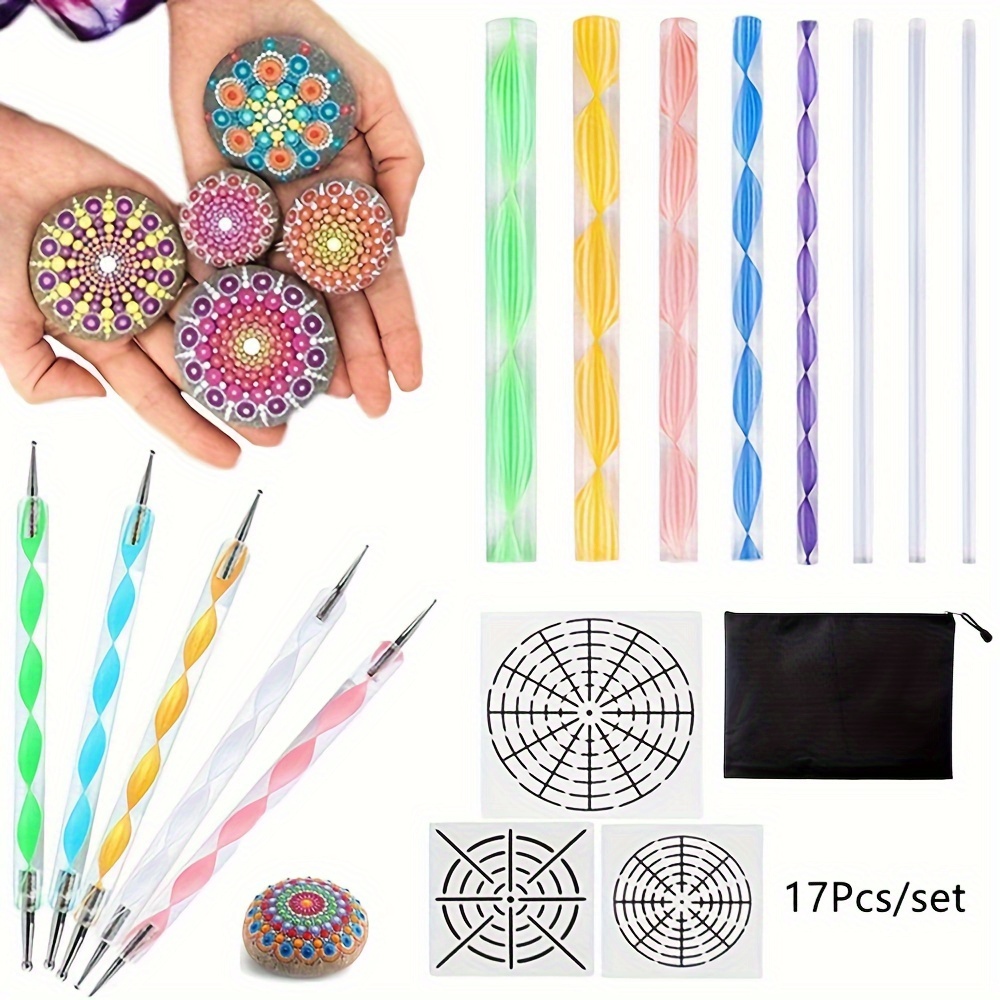 

17pcs Ensemble d'Outils de Peinture Art Mandala Rock Dotting, Huit Pochoirs Égaux, Tiges Acryliques, Plateau de Peinture, Outils de Dotting